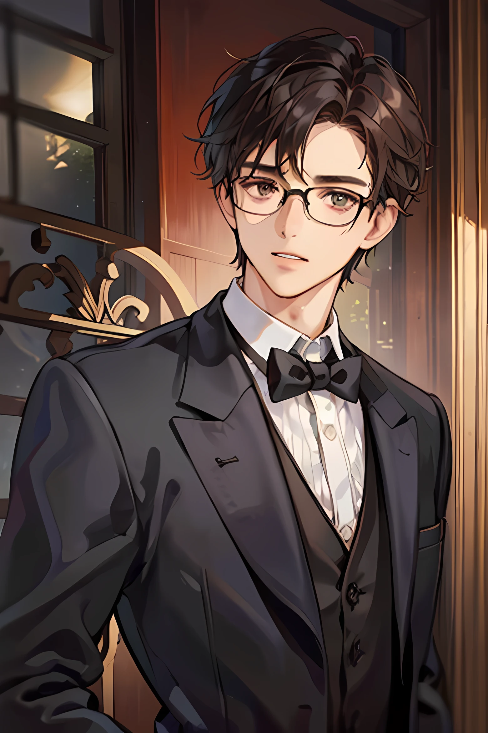 A man with brown hair and round-rimmed glasses, wearing a 1900's black tailcoat outfit.