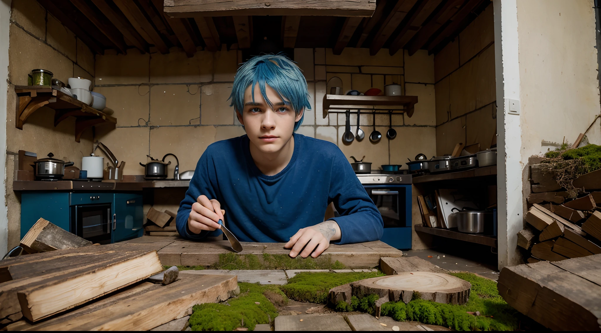 Best quality, masterpiece, ultra-high resolution, surrealism, firewood, moss piled in kitchen corner, an eighteen-year-old boy, blue hair, blue eyes,
