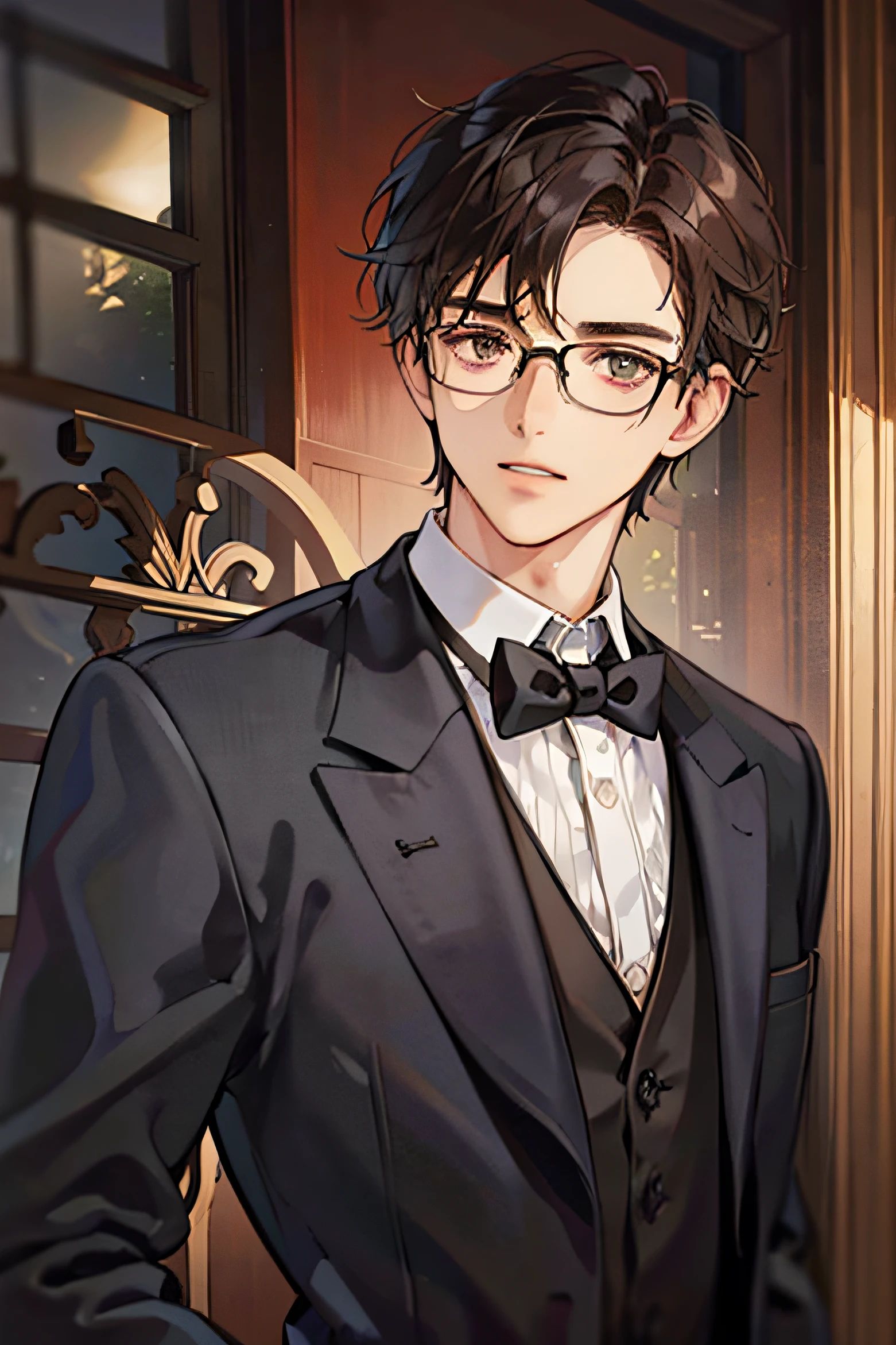 A man with brown hair and round-rimmed glasses, wearing a 1900's black tailcoat outfit.