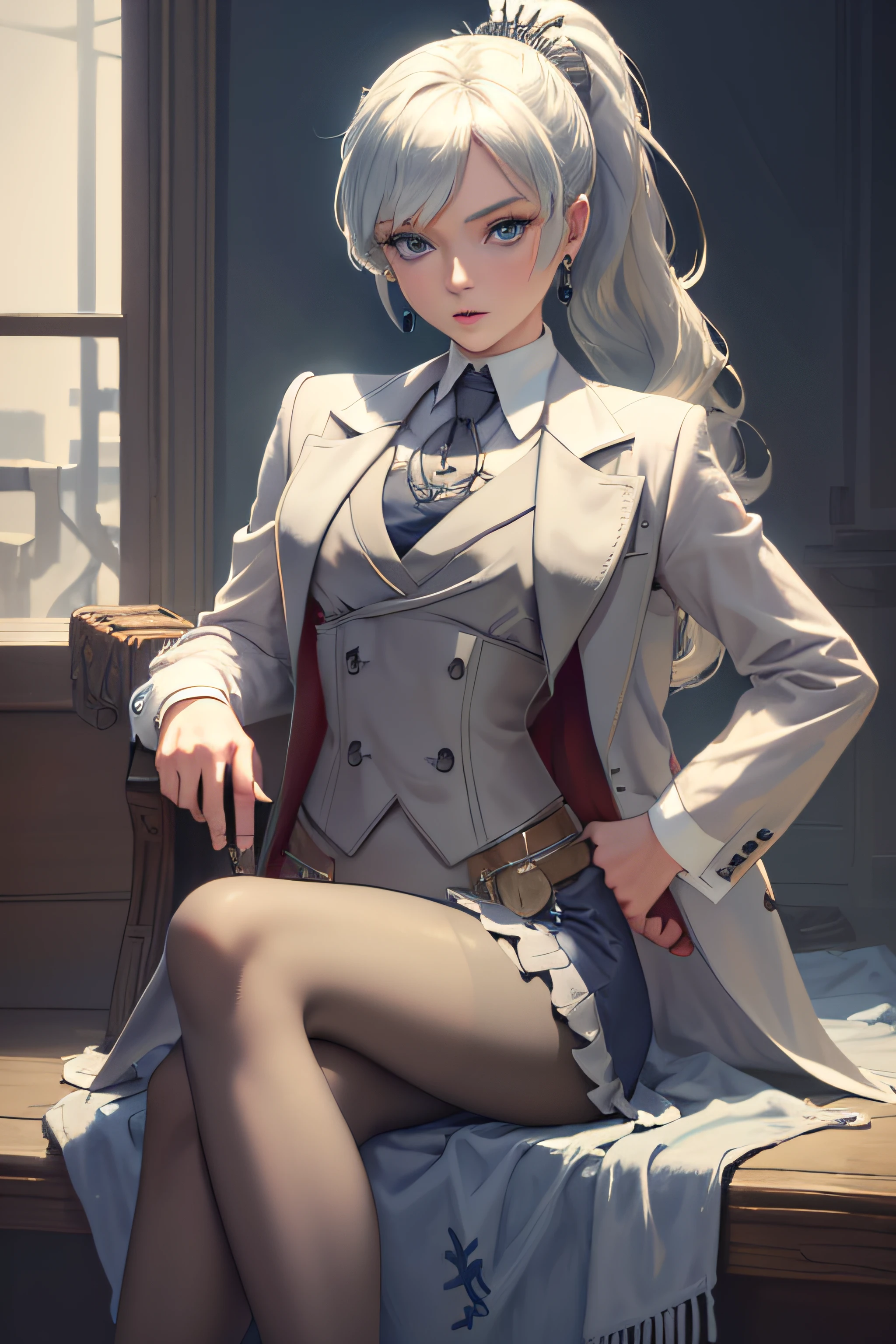 (masterpiece, best quality:1.2), cowboy shot, solo, 1girl, weissvale, looking at viewer, hand on hip, ponytail, scar on eye, sitting on throne, crossed legs,  skirt suit, (((three-piece suit))), necktie, blazer, (((suit jacket))), (((waistcoat))), double-breasted waistcoat, bodycon miniskirt, pencil skirt, tie clip, pocket square, pocket watch, pantyhose, high heels, earrings