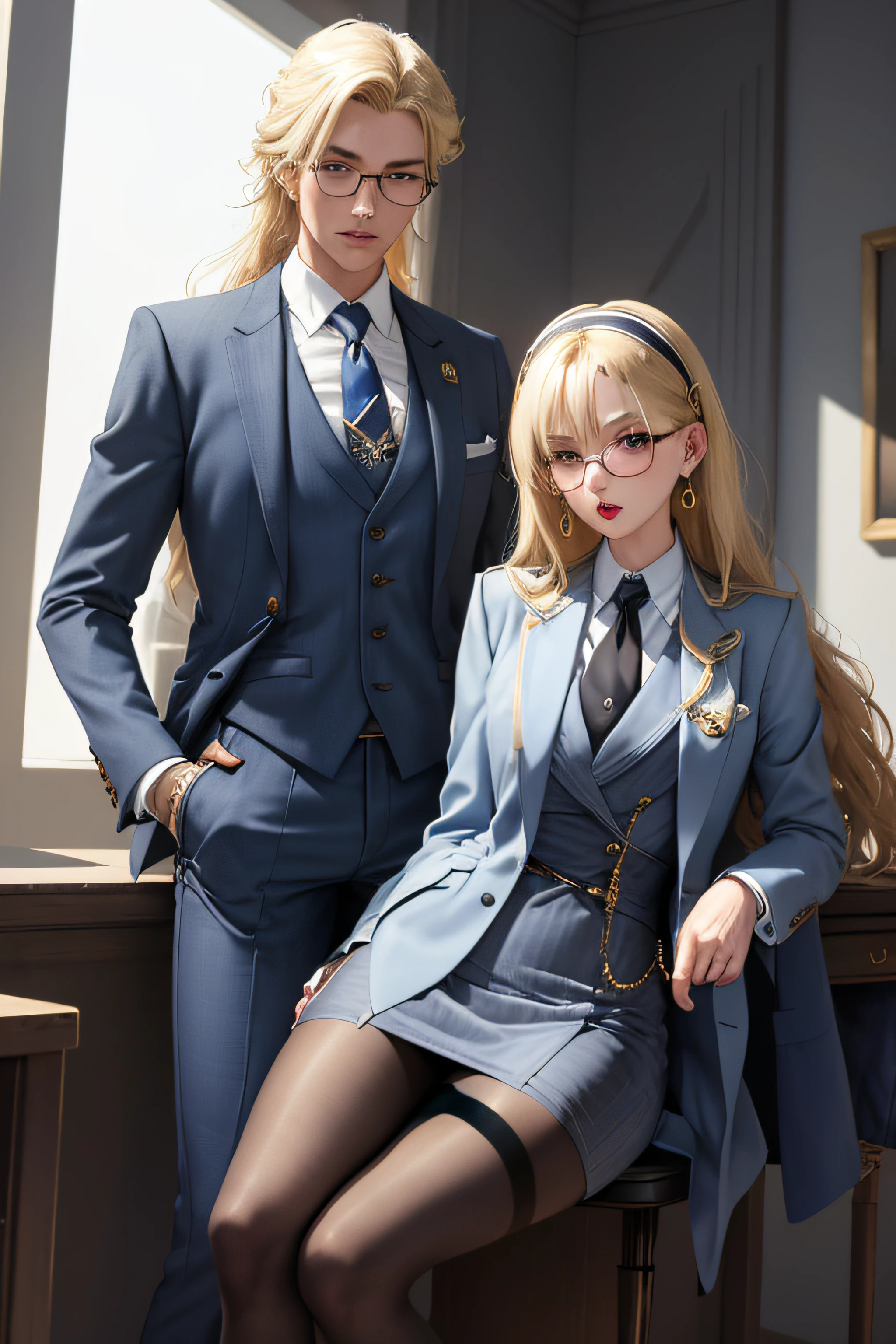 (masterpiece, best quality:1.2), cowboy shot, solo, 1girl, long hair, pushed back hair, wavy hair, hairband, blonde hair, makeup, lipstick, looking at viewer, grey skirt suit, (((three-piece suit))), ((blue dress shirt with white collar)), contrast collar, gold necktie, blazer, (((suit jacket))), (((waistcoat))), double-breasted waistcoat, bodycon skirt, pencil skirt, tie clip, pocket square, pocket watch, pantyhose, high heels, earrings, painted nails, glasses