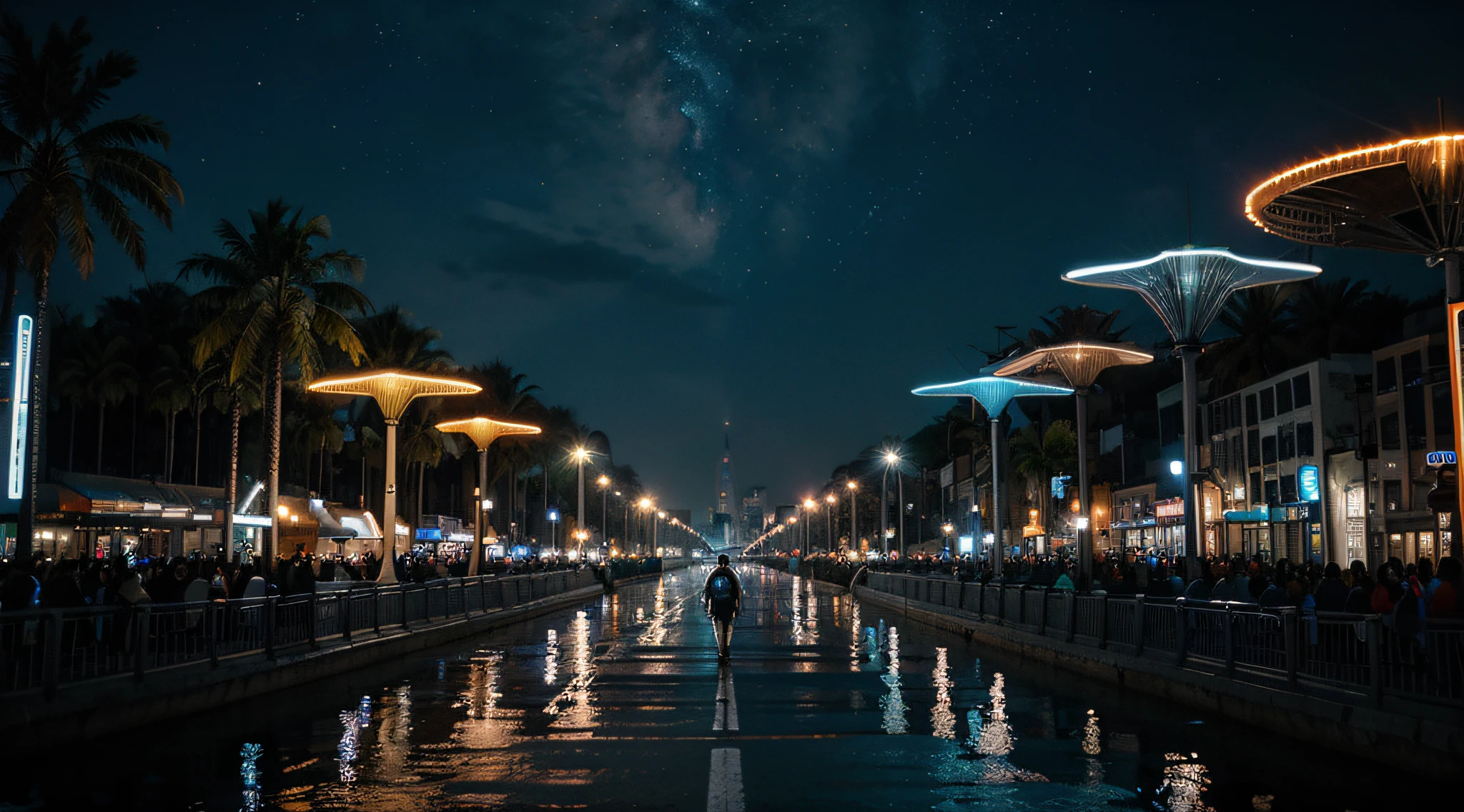 una ciudad futurista, con autos voladores, anuncios luminosos flotantes, gente caminando por la banqueta