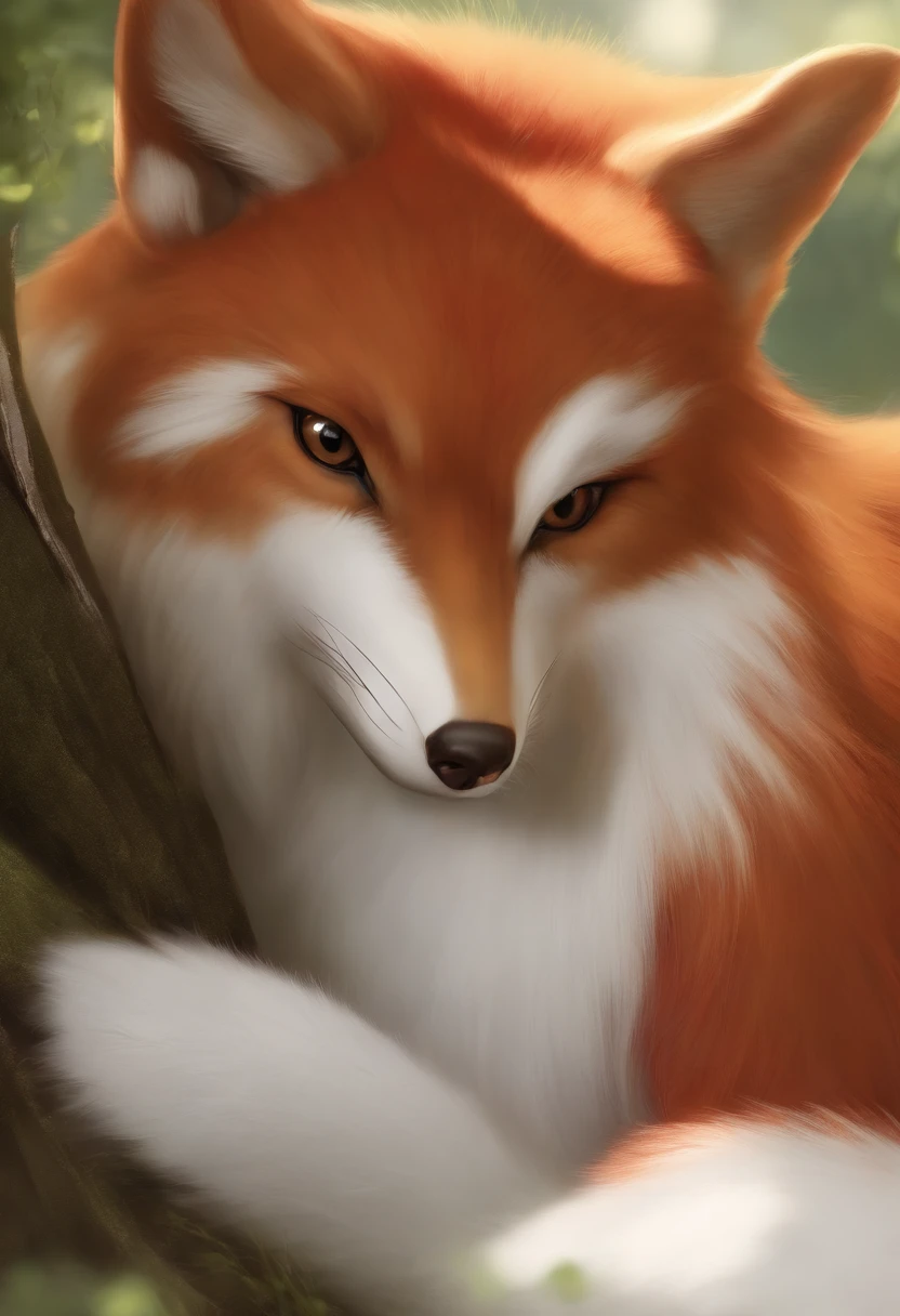((nur)), Male Anthro, Fuchs, (mehrfarbiges Fell, White-Red:1.3), ((Fuchsgesicht, rotes Haar, 大眼睛, White eyelids, gelbe Pupille, schlank:1.2) (Hart, ruhiger Gesichtsausdruck:1.2)), Abs, schlank, Klingeln)), (Korrekte Anatomie), A big cock, feet, longer fuselage, well-proportioned limbs，(realistisches Fell, Detaillierte Fellstruktur, beschriftet:1.3)), (natural lightting), fotorealistisch, hyperrealistisch, Ultradetailliert, Wald im Hintergrund