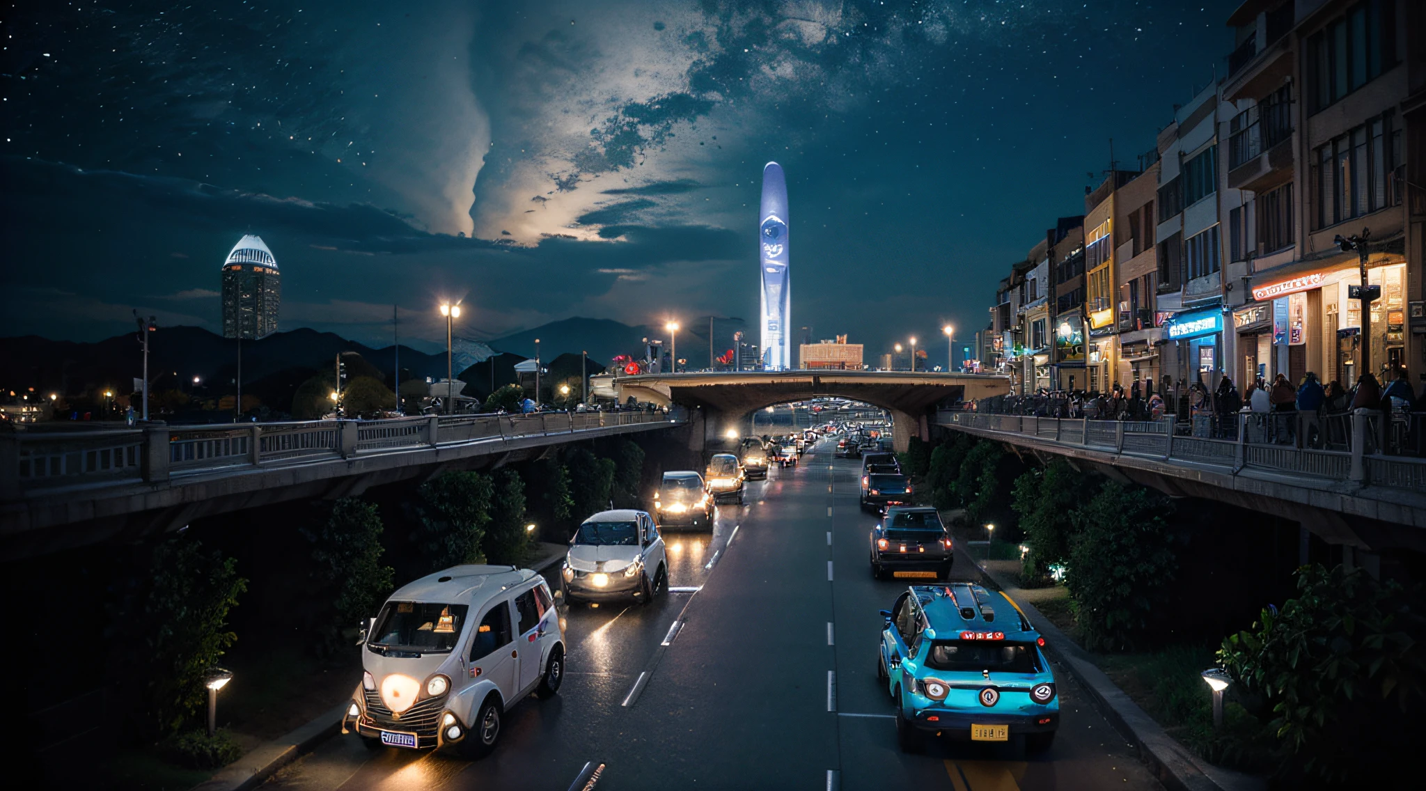 una ciudad futurista, con autos voladores, anuncios luminosos flotantes, gente caminando por la banqueta