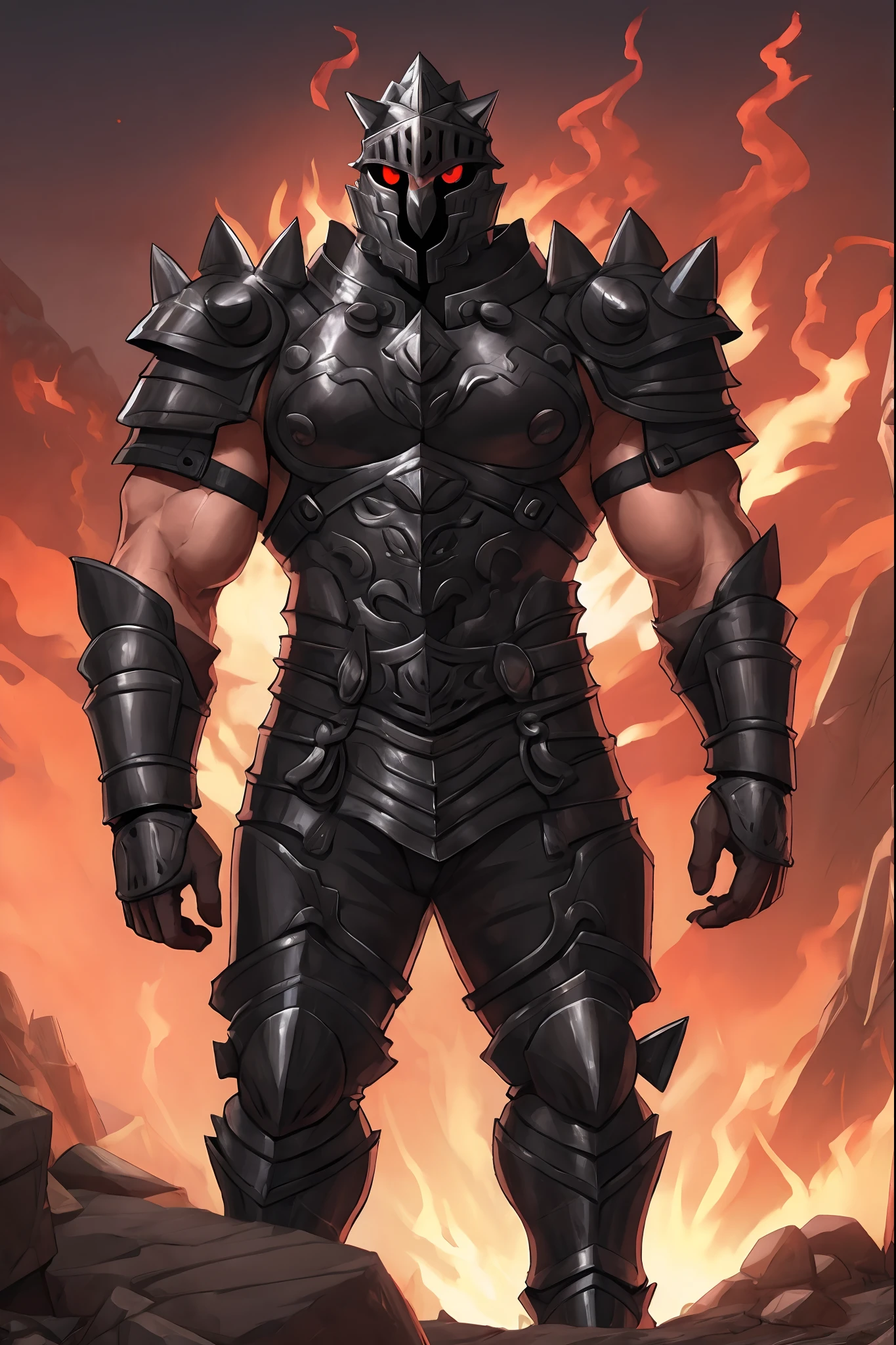 surt, metal face, red eyes, armor, muscular male, tall, barbarian, pants pullover, full armor,