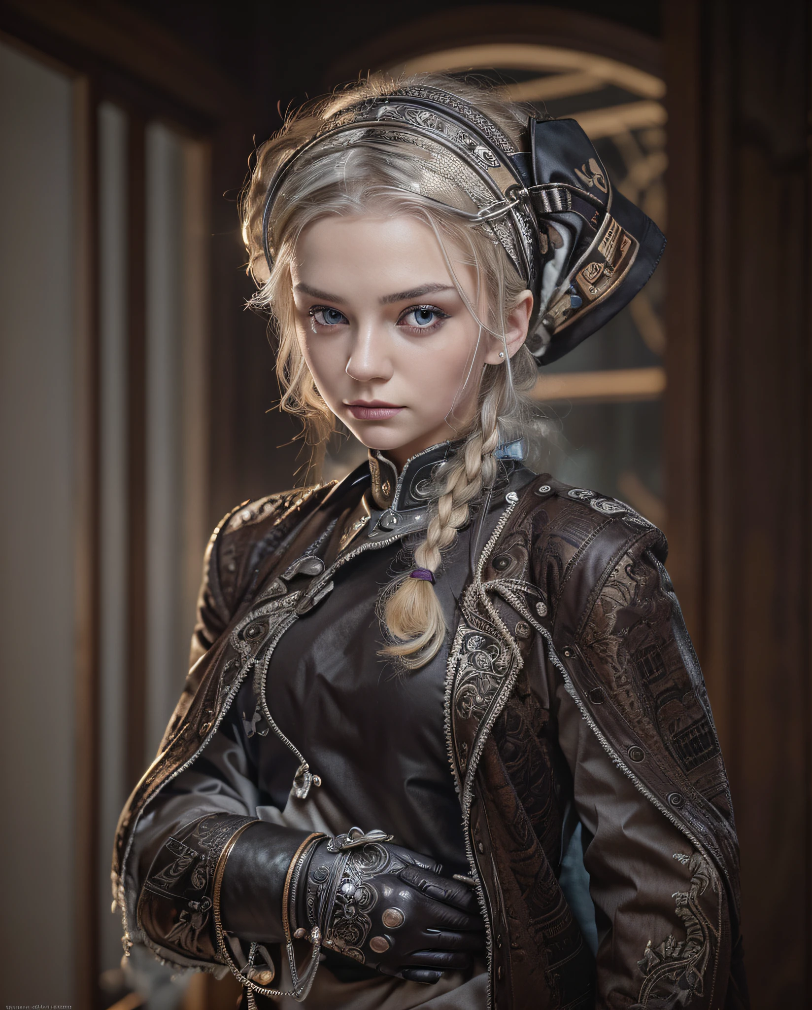 Beautiful woman with Russian features, white skin, pale blonde hair, purple eyes, she has a tattoo on her forehead, she has a metal headband on her head, tubes come out of the headband up to her neck, she wears a brown Soviet style uniform, fabric, black leather gloves, she is inside a dieselpunk style laboratory, ultra realistic, Ultra detailed, Hyper realistic, 4k, Ultra detailed image, realistic, Highly detailed, perfect composition, beautiful intricately detailed incredibly detailed, 8K fine art photography, hyper detailed, Masterpiece
