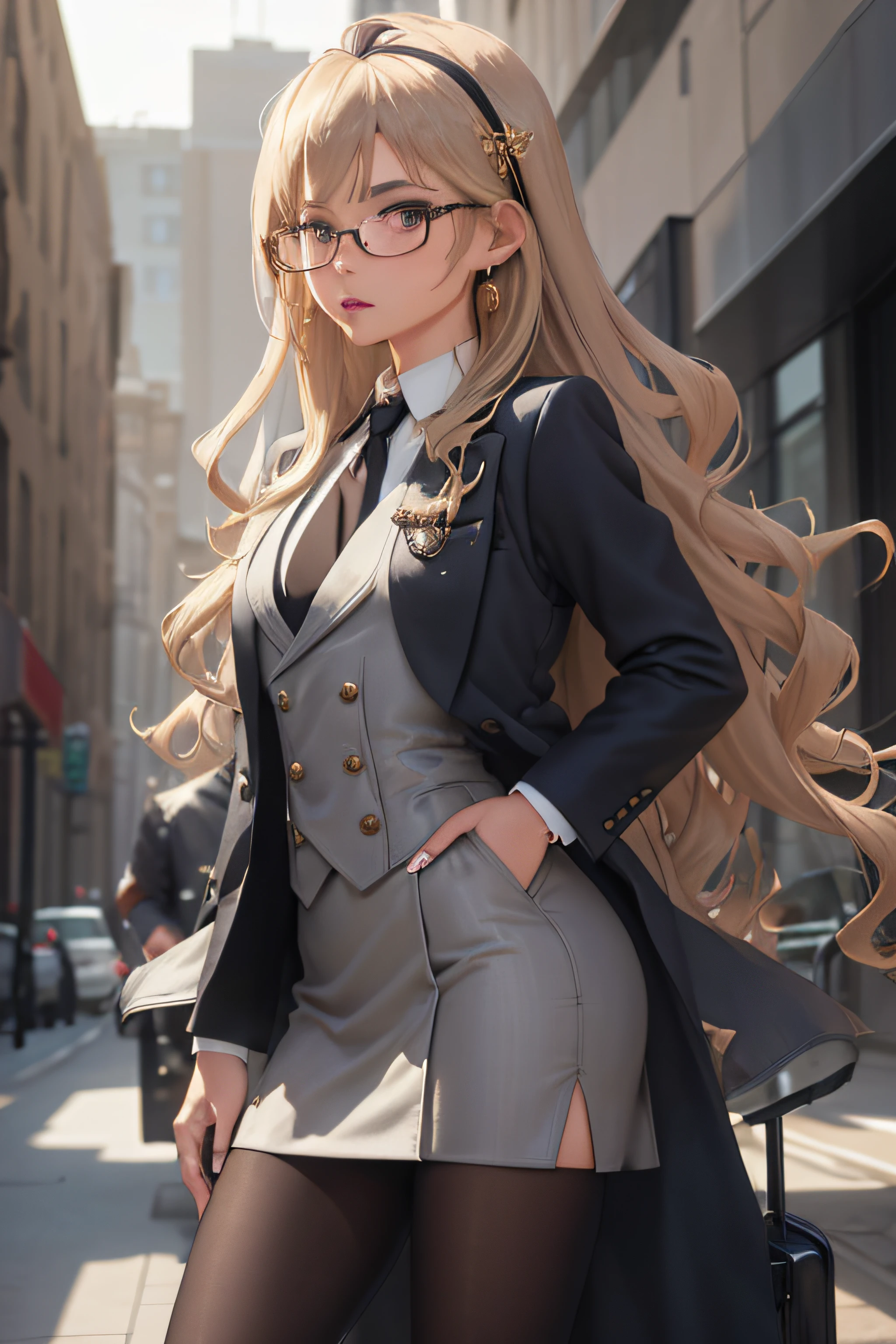 (masterpiece, best quality:1.2), cowboy shot, solo, 1girl,  long hair, pushed back hair, wavy hair, hairband, blonde hair, makeup, lipstick, looking at viewer, grey skirt suit, (((three-piece suit))), ((dress shirt with white collar)), contrast collar, gold floral necktie, blazer, (((suit jacket))), (((waistcoat))), double-breasted waistcoat, bodycon skirt, pencil skirt, tie clip, pocket square, pocket watch, pantyhose, high heels, earrings, painted nails, glasses