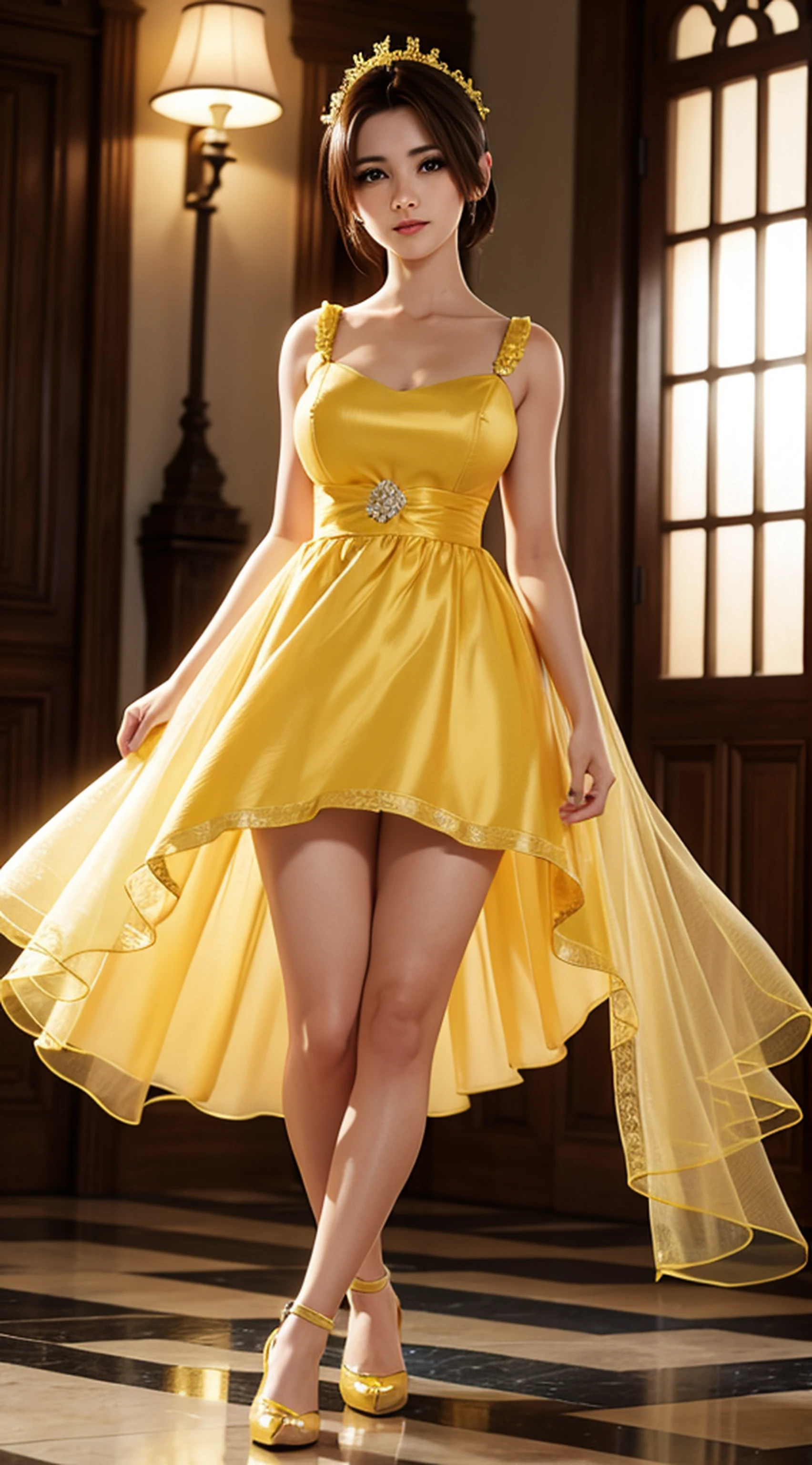 vestido amarelo com rendas, with your hand in the middle of your legs