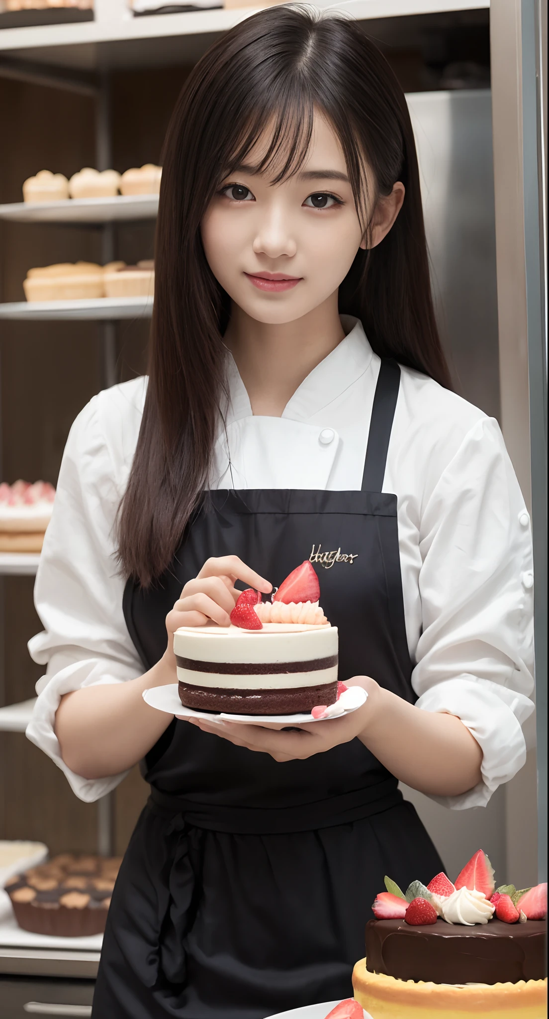 (top-quality、masterpiece:1.2)、Best Quality、realisitic、photoshot、hight resolution、1080p、8K、Textured skin、Physical Rendering、1 Japan Girls、High school students、kawaii、Young Face、Rolled hair、(patissier:1.5)、Cake shop、full of shyness、smil、Big、Cooking clothes