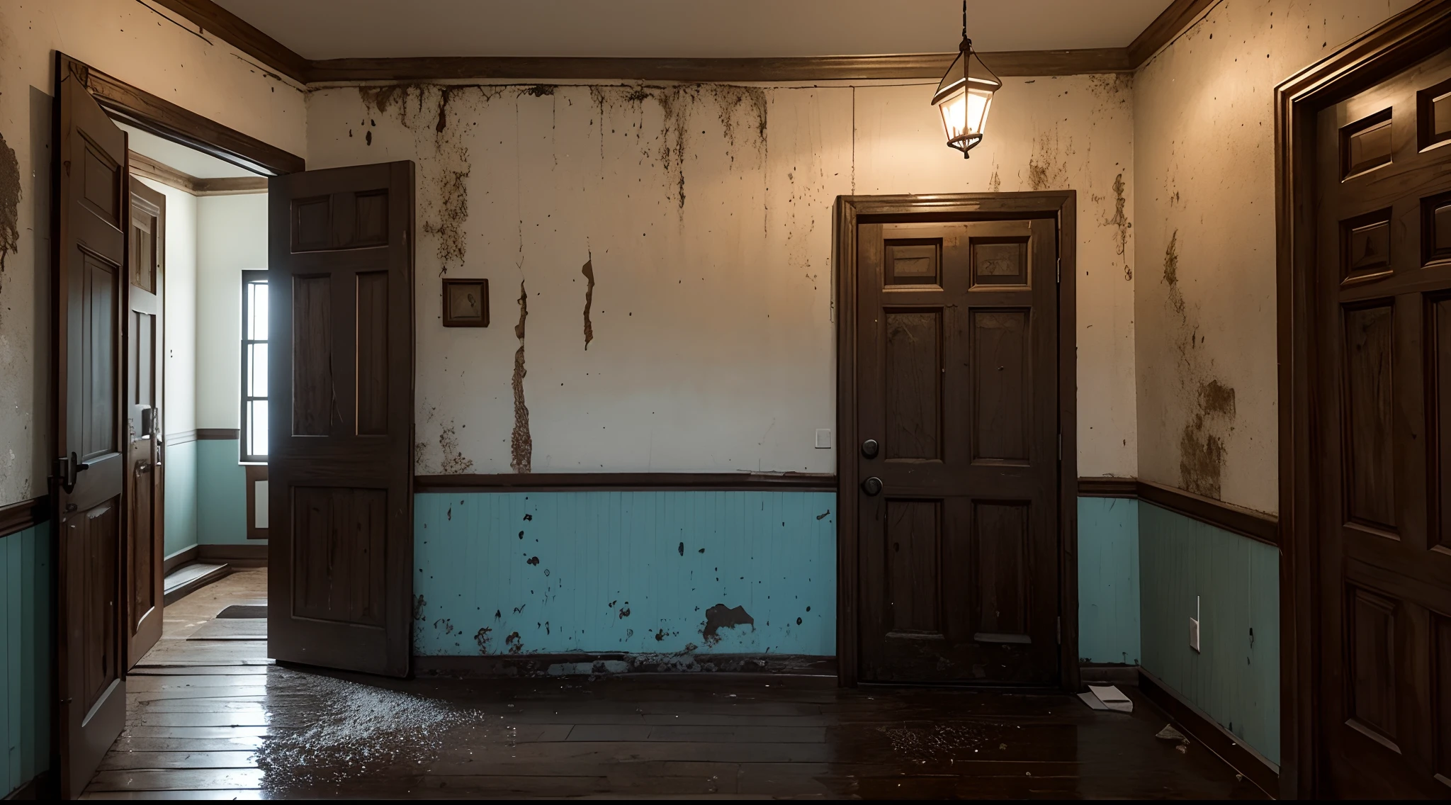 Leaking vintage wooden door, the central figure of the scene. Striking features include the rustic charm, worn out paint, and deep grooves suggesting years of use::7. Water creeping out from underneath it, depicted in translucent blues and vivid whites, reflecting its environment like a distorted mirror::7. The environment is of a quiet, dimly lit room that carries an aura of distinct abandonment and desolation. Cobbled stone floor underneath, damp with the vestiges of the water, cold to the touch::4. Age-old paintings adorning the walls, streaks of dampness discoloring the canvas. A flickering candle, casting elongated shadows that dance around the room like tragic ballerinas::5. The scene uncannily emulates a sense of eerie silence broken only by the incessant drip of water. The atmosphere is a mix of cold loneliness and a muffled urgency resulting from the relentless water leak::8. Captured using a Nikon D6, aperture set at f/4 to ensure depth and detail. The use of low-key lighting exacerbates the drama and brings out the contrast between light and dark areas. The moisture on the wooden door and the fleeting water droplets are emphasized with backlighting to create a mystical glow around them::8. Realism should be the path chosen to render this scene; every minute detail being given careful attention, every element captivating in its starkness and the compelling narrative it weaves-