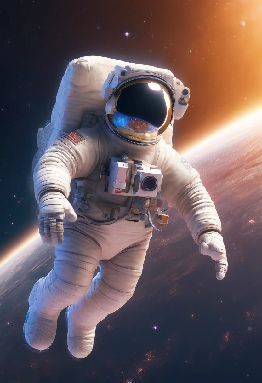 An astronaut with a toy horse resting on his back in space