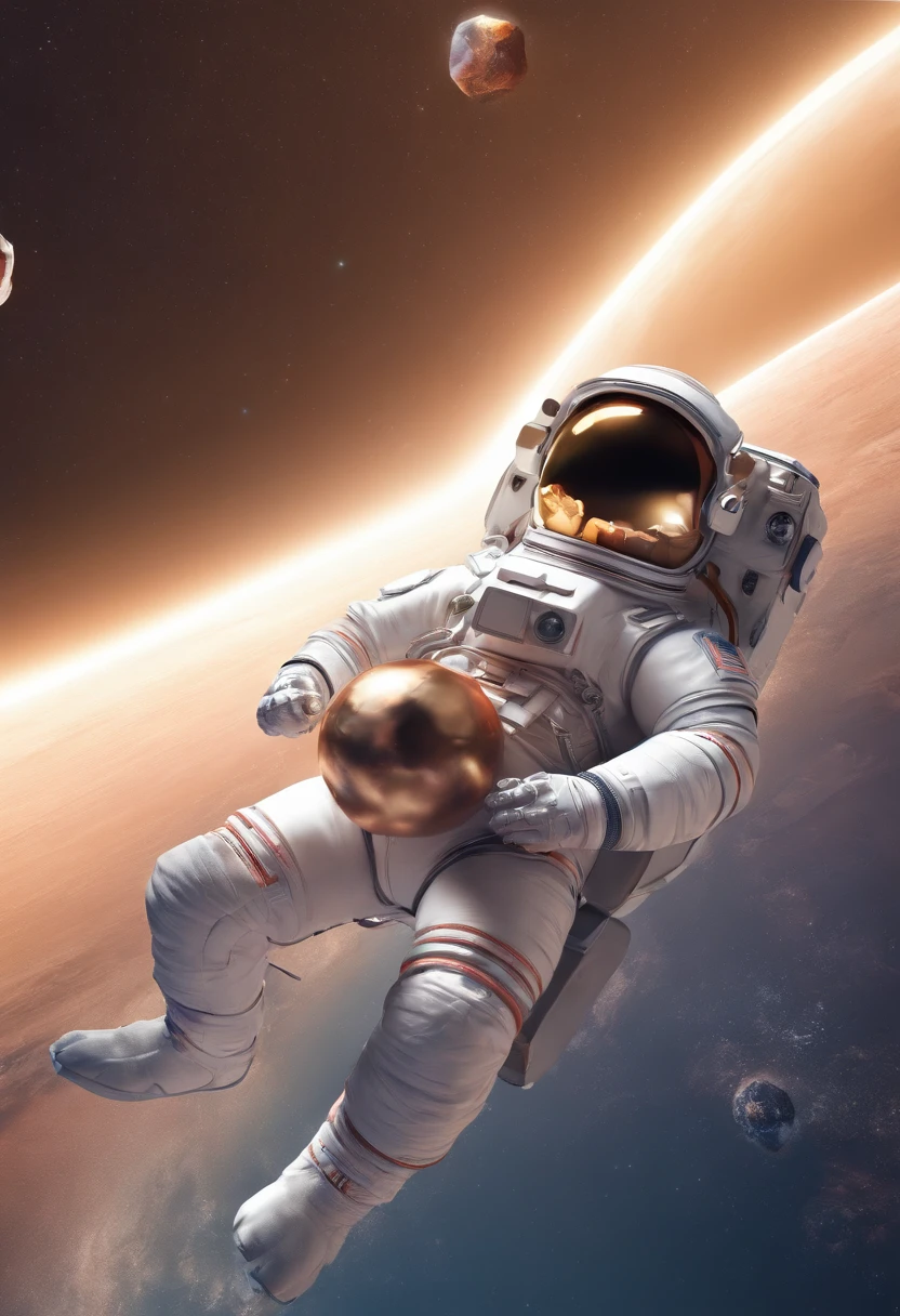 An astronaut with a toy horse resting on his back in space