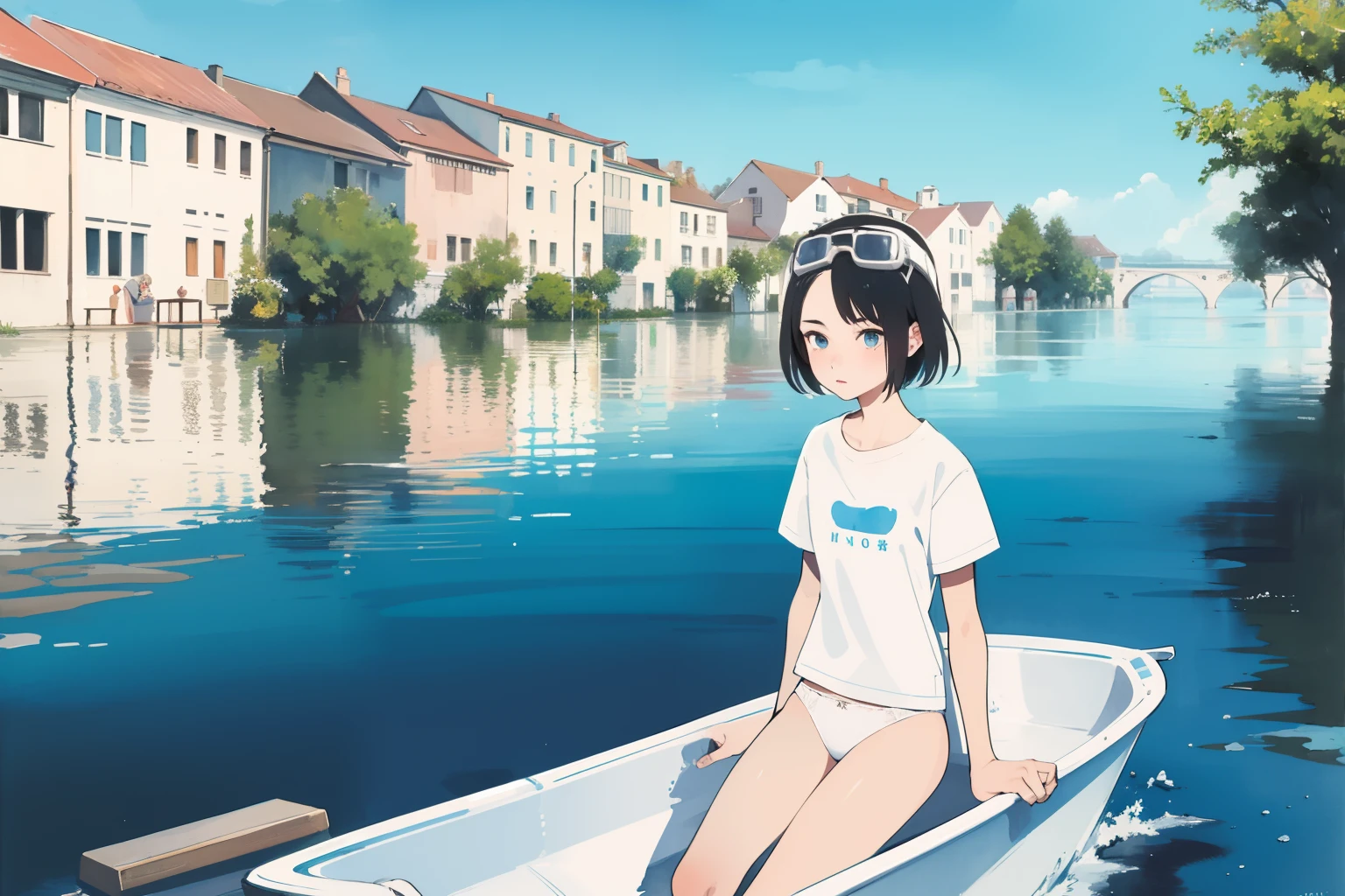 masterpiece, best quality, 2girls, (closeup), 18yo , slim, small breast, white shirt, white panties, goggles on head, sitting in boat, flooded street, flood, water, city, reflections, blue sky, bright, white, watercolor