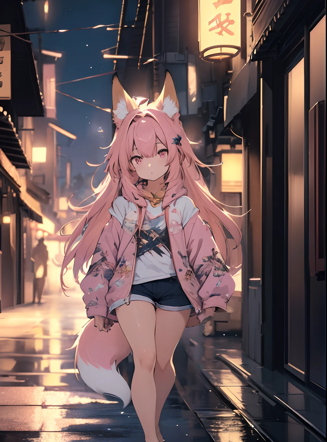 best quality,best resolution,(fluffy anthro furry :1.6),(young :1.6),cat girl,pink long hair,pink fur,naked,glassses,white towel,off shoulder,in front of convenian store,exhibitionism,among the crowd,full face blush,lookimg at viewer,shy face,smile,heart eyes,heart expression eyes,plenty pussy juice