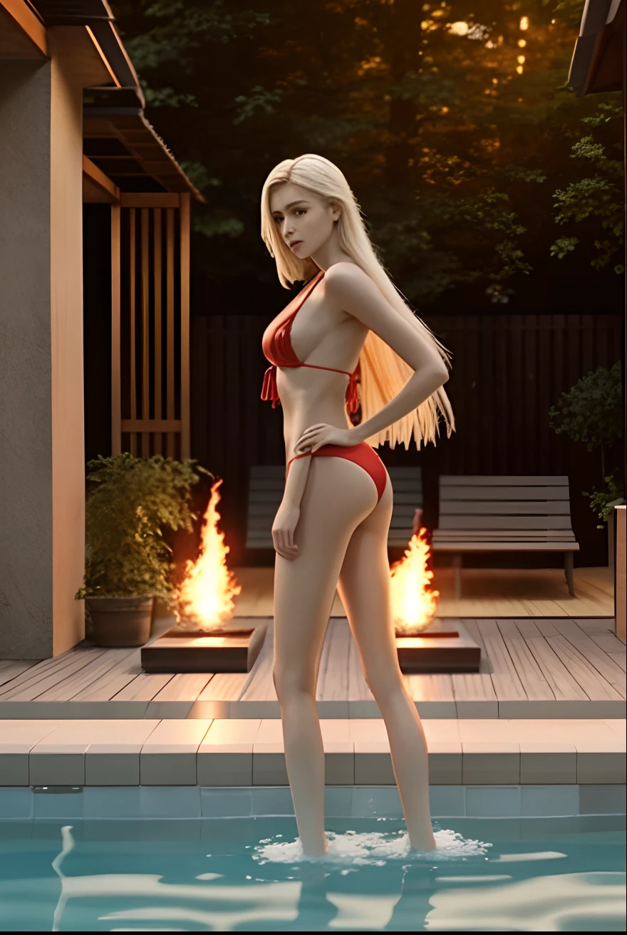 1girl in, 19, Solo, Aesthetic artwork, platinum blonde hair, long straight hair, detailed hair, full c cup breasts, c-cup, slender body, Full body, (skin pores:1.1), (detailed skin texture:1.2), wearing a red bikini, in a swimming pool, (extremely detailed 8k wallpaper), soft lighting, high quality, film grain, Fujifilm XT3 sharp focus, f 5.6, 50mm, High Detail, Sharp focus,(fire light), (seductive), Realistic, ultra realistic, photo realistic