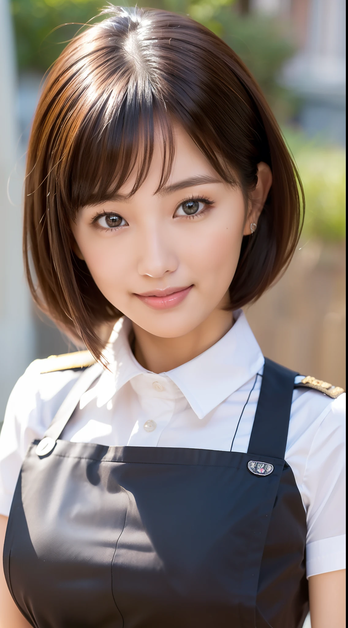 ((Natural Light, Top Quality, 8k, Masterpiece: 1.3)), Sharp Focus, 1 Girl, Slim Beauty: 1.2, Brown Hair, With Bangs, (Short Hair with Layer Cut), (Big: 1.5), Detailed Eyes, Beautiful Eyes with Slit Length, Double Eyelids, (Cat Face), (Cute Face), Cute Smile, (Close Mouth), (Cute), Soft Skin, Reflecting the whole body, Ultra Realistic, Ultra Detail, High Quality, ( A beautiful short-haired waitress who comes to the table to take orders), (((Detailed very cute waitress uniform)), (((Big that can be seen even from the top of the uniform))