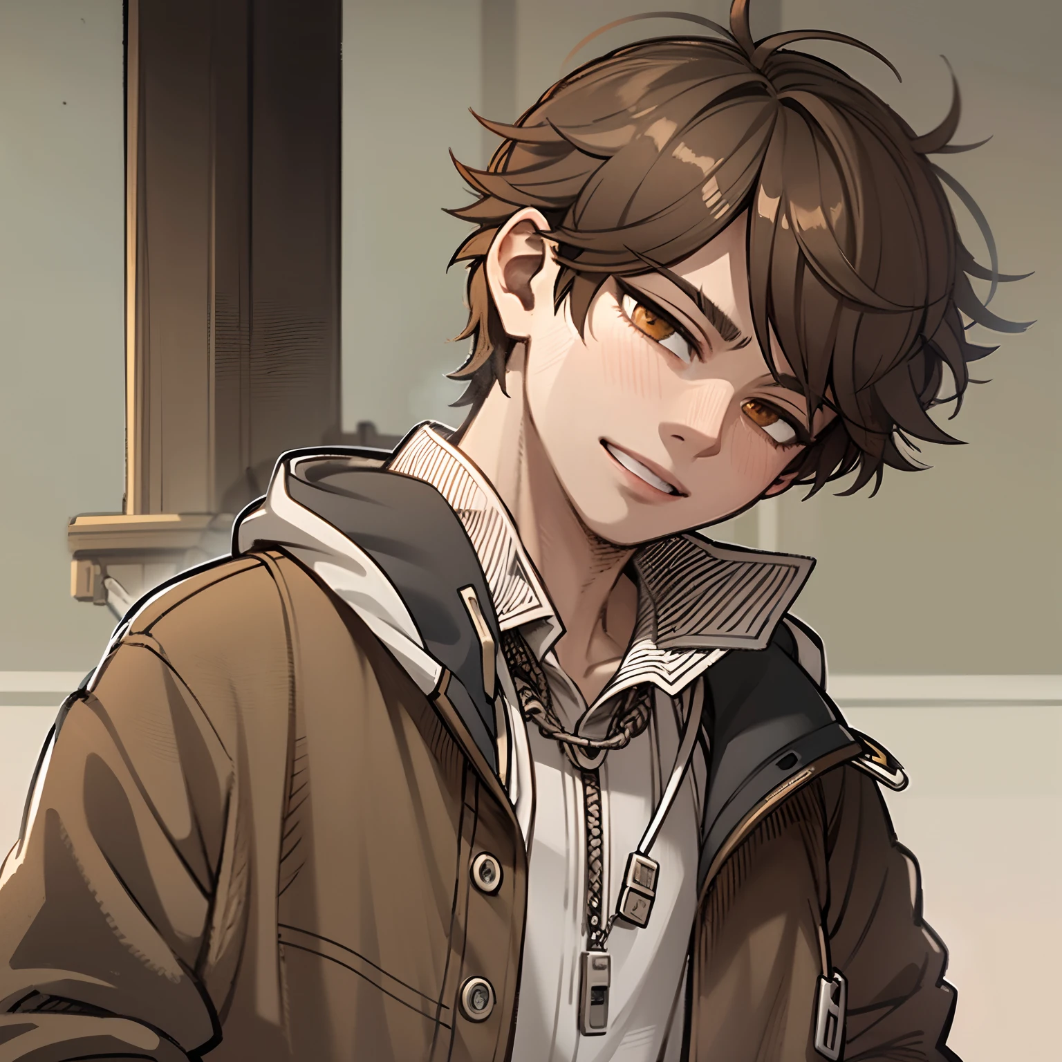 1 boy, korean style, brown hair, with a jacket, in school