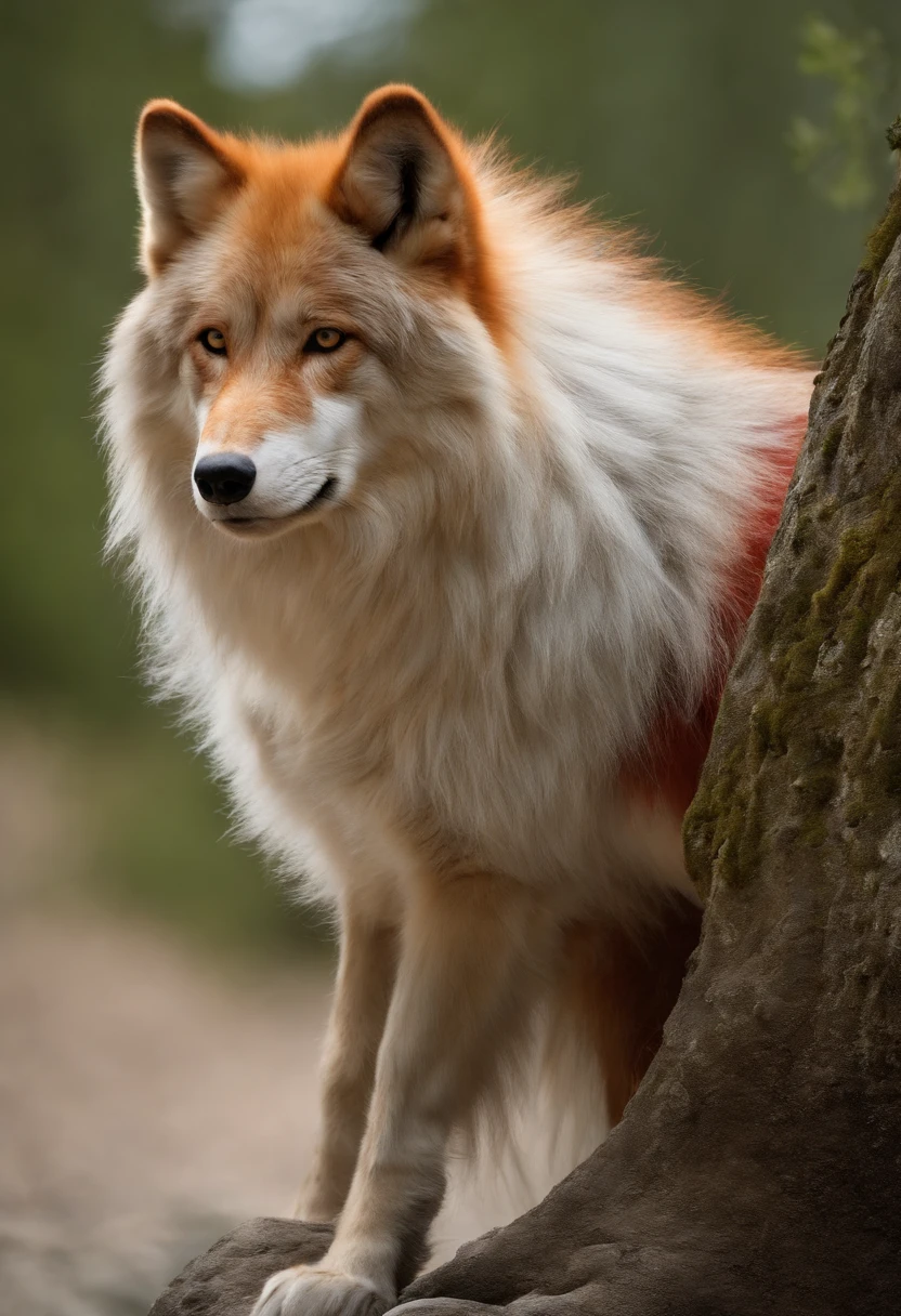 Anthro, Wolf, (mehrfarbiges Fell, White-Red:1.3), ((Fuchsgesicht, rotes Haar, 大眼睛, White eyelids, gelbe Pupille, schlank:1.2) (Hart, ruhiger Gesichtsausdruck:1.2)), Abs, schlank, Klingeln)), (Korrekte Anatomie), A big cock, feet, longer fuselage, well-proportioned limbs,(realistisches Fell, Detaillierte Fellstruktur, beschriftet:1.3)), (natural lightting), fotorealistisch, hyperrealistisch, Ultradetailliert, Wald mit See