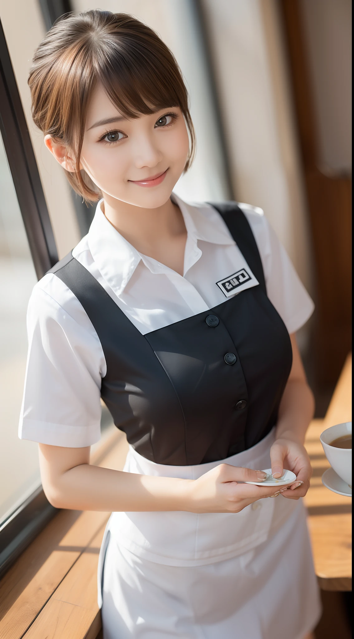 ((Natural Light, Top Quality, 8k, Masterpiece: 1.3)), Sharp Focus, 1 Girl, Slim Beauty: 1.2, Brown Hair, With Bangs, (Short Hair with Layer Cut), (Big: 1.5), Detailed Eyes, Beautiful Eyes with Slit Length, Double Eyelids, (Cat Face), (Cute Face), Cute Smile, (Close Mouth), (Cute), Soft Skin, Reflecting the whole body, Ultra Realistic, Ultra Detail, High Quality, ( A beautiful short-haired waitress who comes to the table to take orders), (((Detailed very cute waitress uniform)), (((Big that can be seen even from the top of the uniform))
