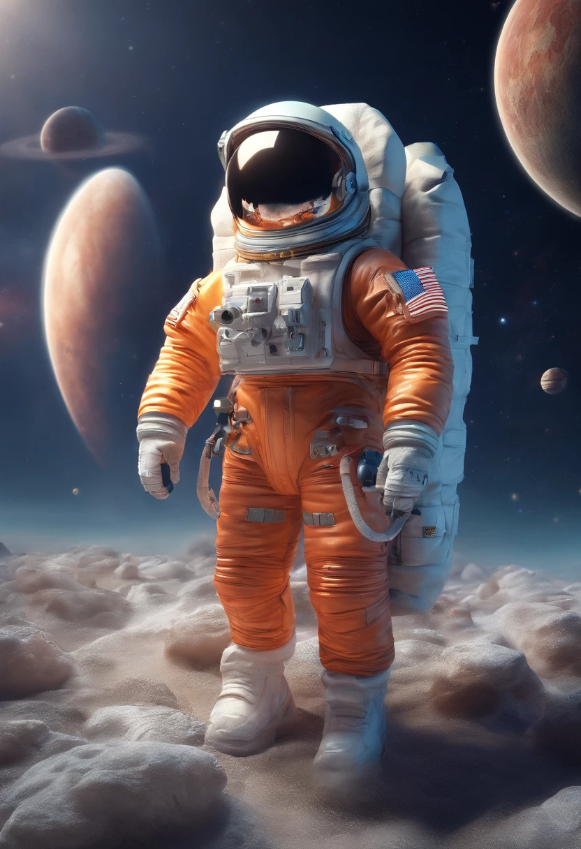 Astronaut in orange spacesuit walking on the surface of a planet ...