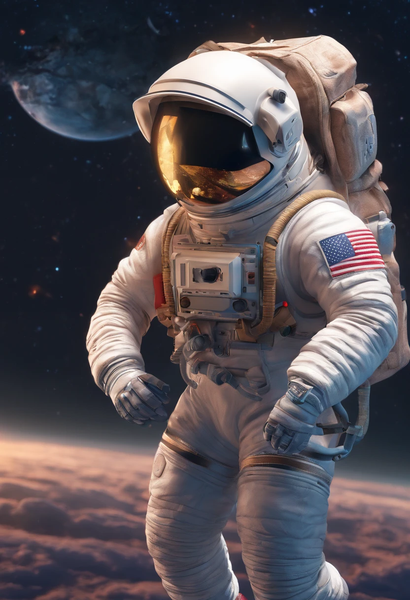 An astronaut with a stuffed horse in his backpack, in space
