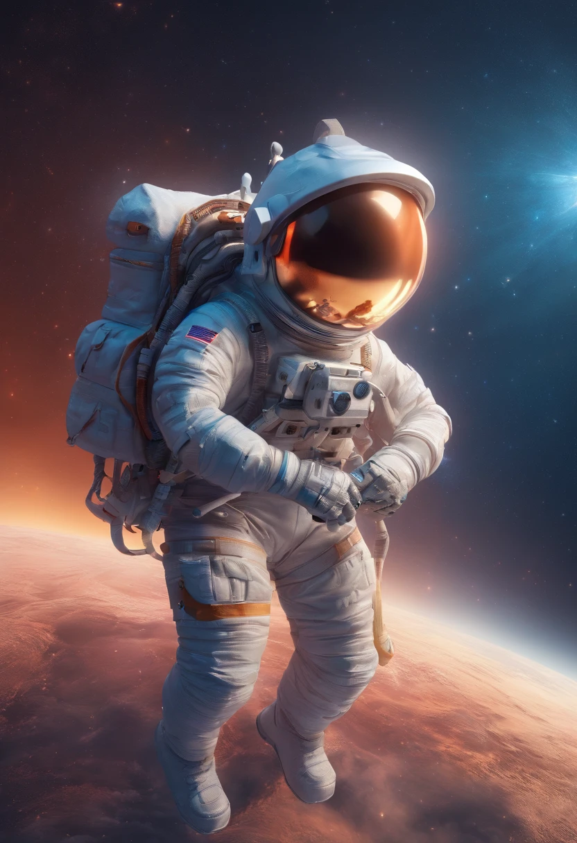 An astronaut with a stuffed horse in his backpack, in space