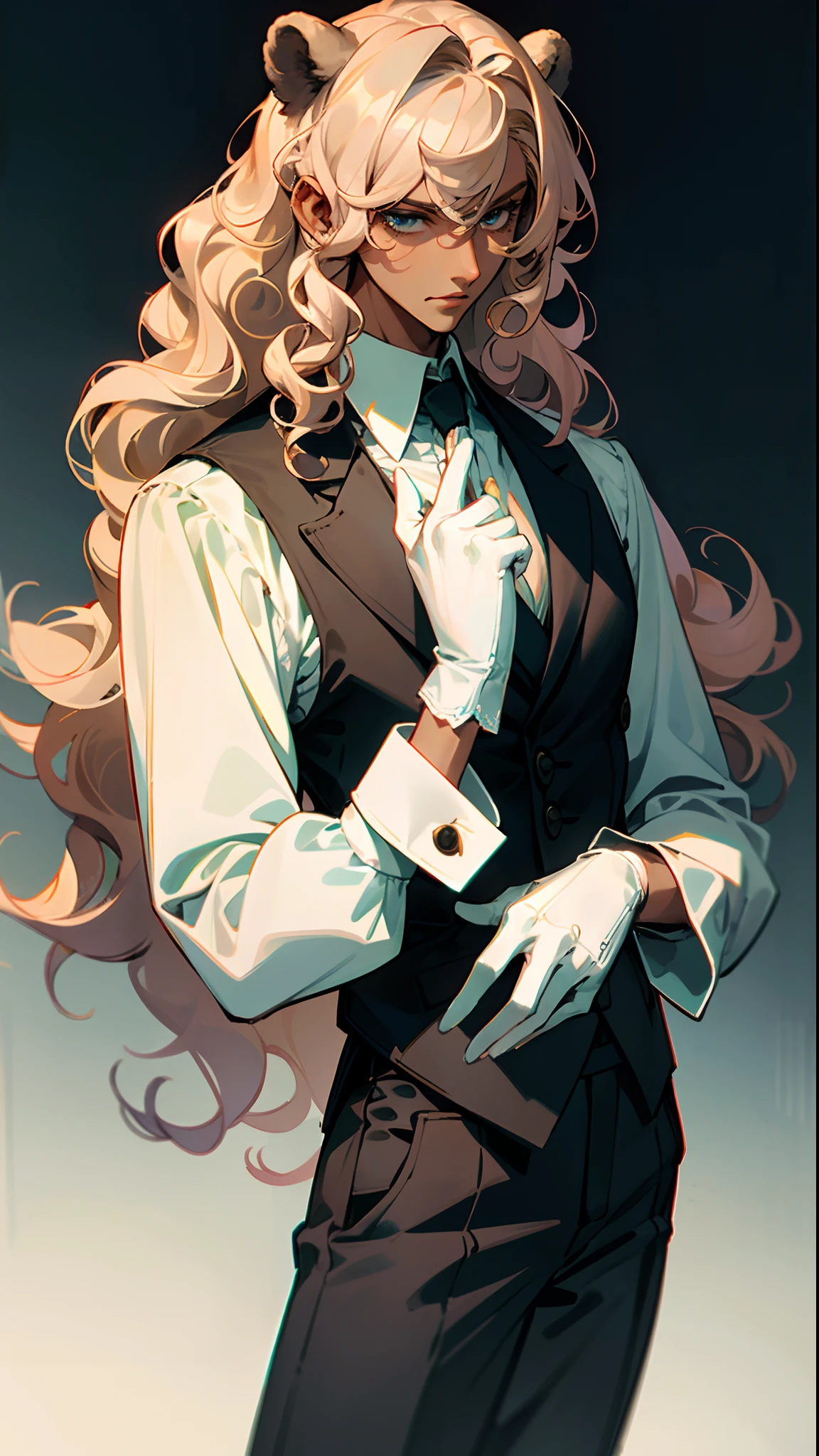(masterpiece, best quality )detailed, 1Character , pastel washed out colors , cell shade , soft, muted shades ,gentle colors , crop top,
He wears a pristine white, high-collared shirt with a lace overlay, giving it an intricate and elegant texture, Over the shirt, Lucius dons a tailored, double-breasted waistcoat made of rich, white satin, fitted, straight-leg trousers in a soft shade of ivory, His white gloves are made of fine lace, extending just above his wrists,
((Beautiful man:1)) , ((Dark skin:1.5)) , ((long hair)) , ((light brown hair)) , ((male:1.4)) , full lips , blue eyes , voluminous hair,((brown bear ears:1)), ((Skinny build)) ,effeminate , ((has a center part in hair:1)), full long eyelashes,((curly hair:1.3)) , Bishounen, possess delicate and androgynous features, age 33