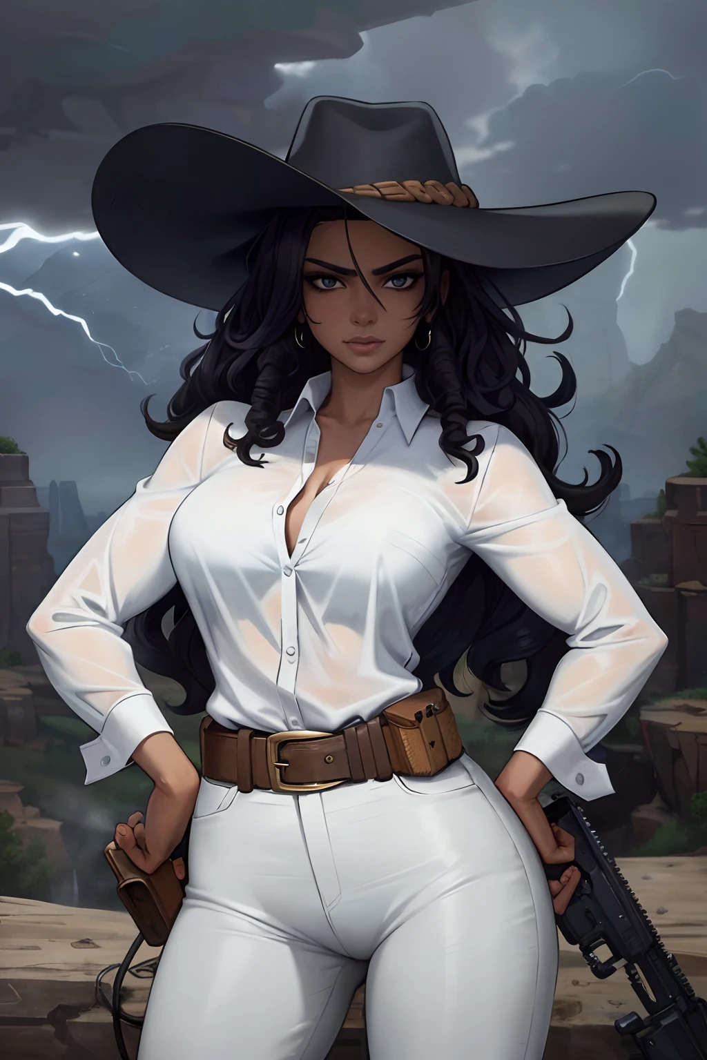 (masterpiece:1.2), (best quality:1.2), perfect eyes, perfect face, perfect lighting, 1girl, mature black female, gunslinger, curly hair, gun, black cowboy hat, brown clothes, riding a horse, (detailed background, Colorado, canyon, storm, dark clouds), looking at viewer, hands on hips