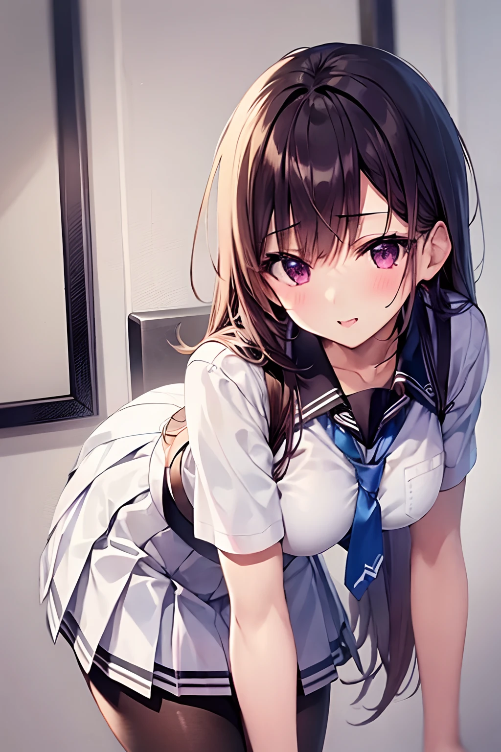 Kawakami_mai, 1girl, solo, solo focus, dynamic pose, sexual pose, bent over, leaning forward, pleated_white_skirt, hanging breasts, leaning towards viewer,