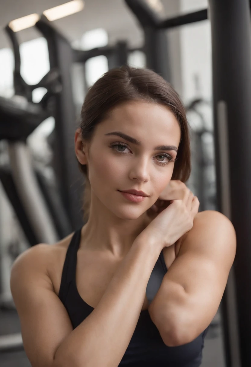 tez clara, A woman of about 29 years old, cabello rubio natural, Ojos azules distintivos, haciendo ejercicio en el gimnasio, Delgado y elegante, Beautiful, Physical Exercise Equipment and Machines, Ultra Sharp Focus, Toma realista, Ropa femenina deportiva sexy, Colores modernos, cuerpo completo
