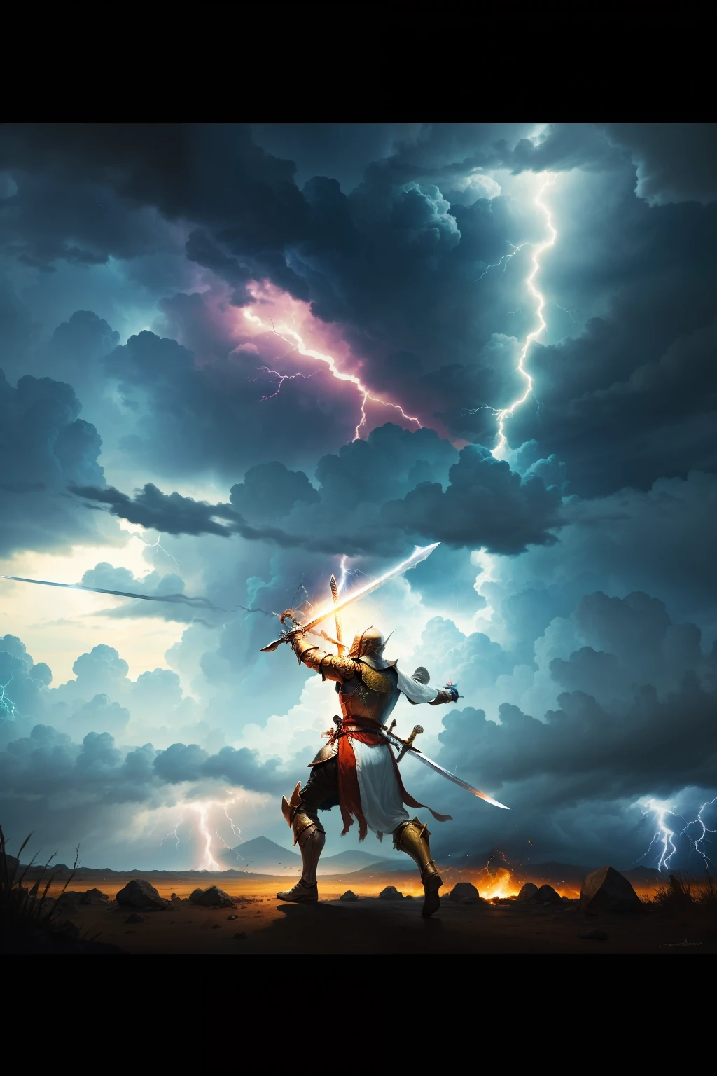 Picture of a crusader raising a sword into the air with a lightning strike hitting the sword with a cloudy background