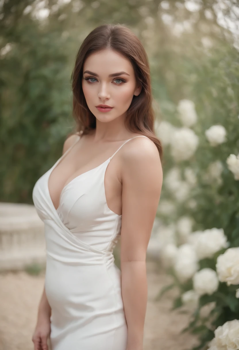 An Extremely Extravagant Goddess, Dressed in a bodycon white silk dress,Slim busty and thick and curvy body with collosal ass and breaats, Beautiful turquoise eyes with perfect eyeshadow, dans une chambre haut de gamme