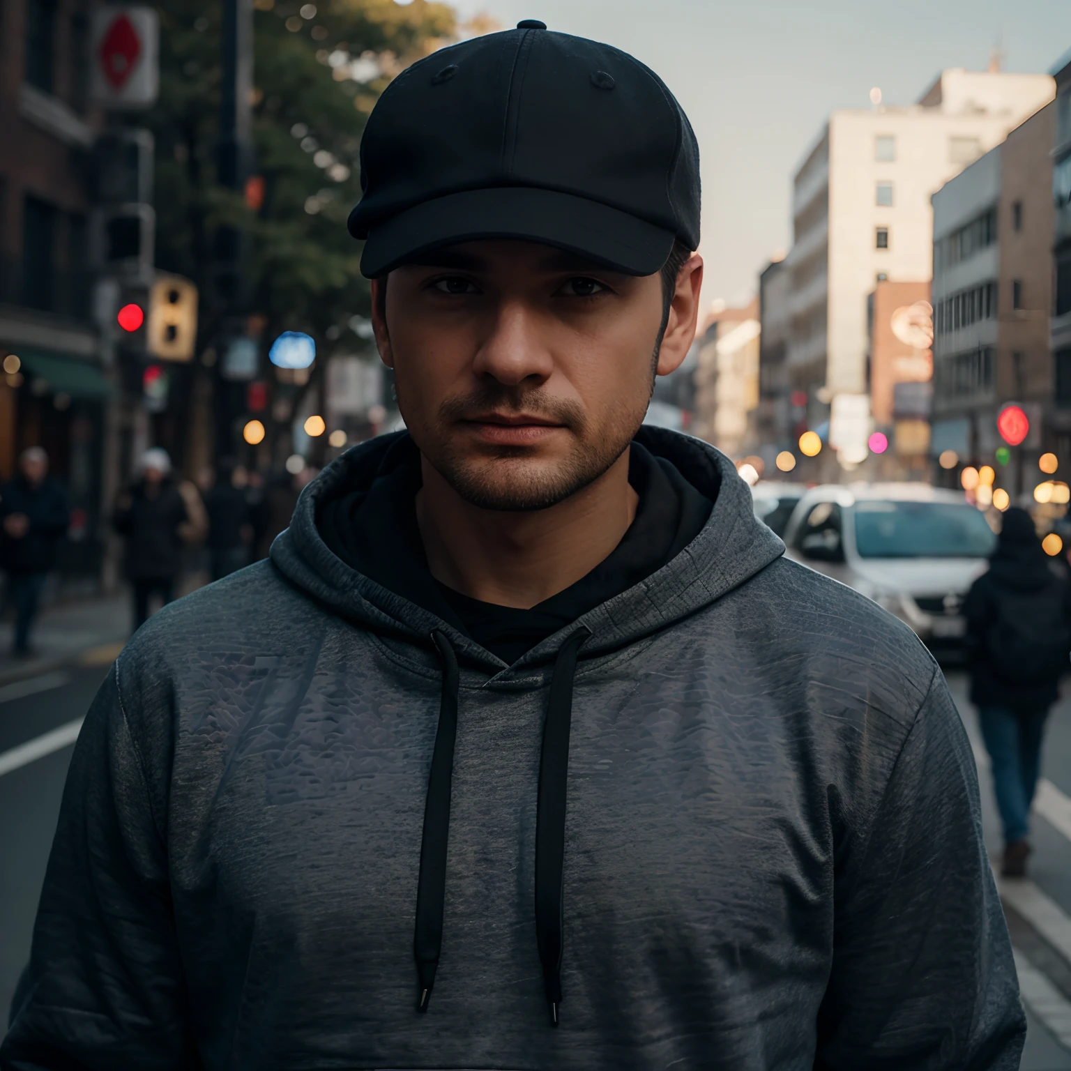 Man with cap, hoddie, realistic, 8k