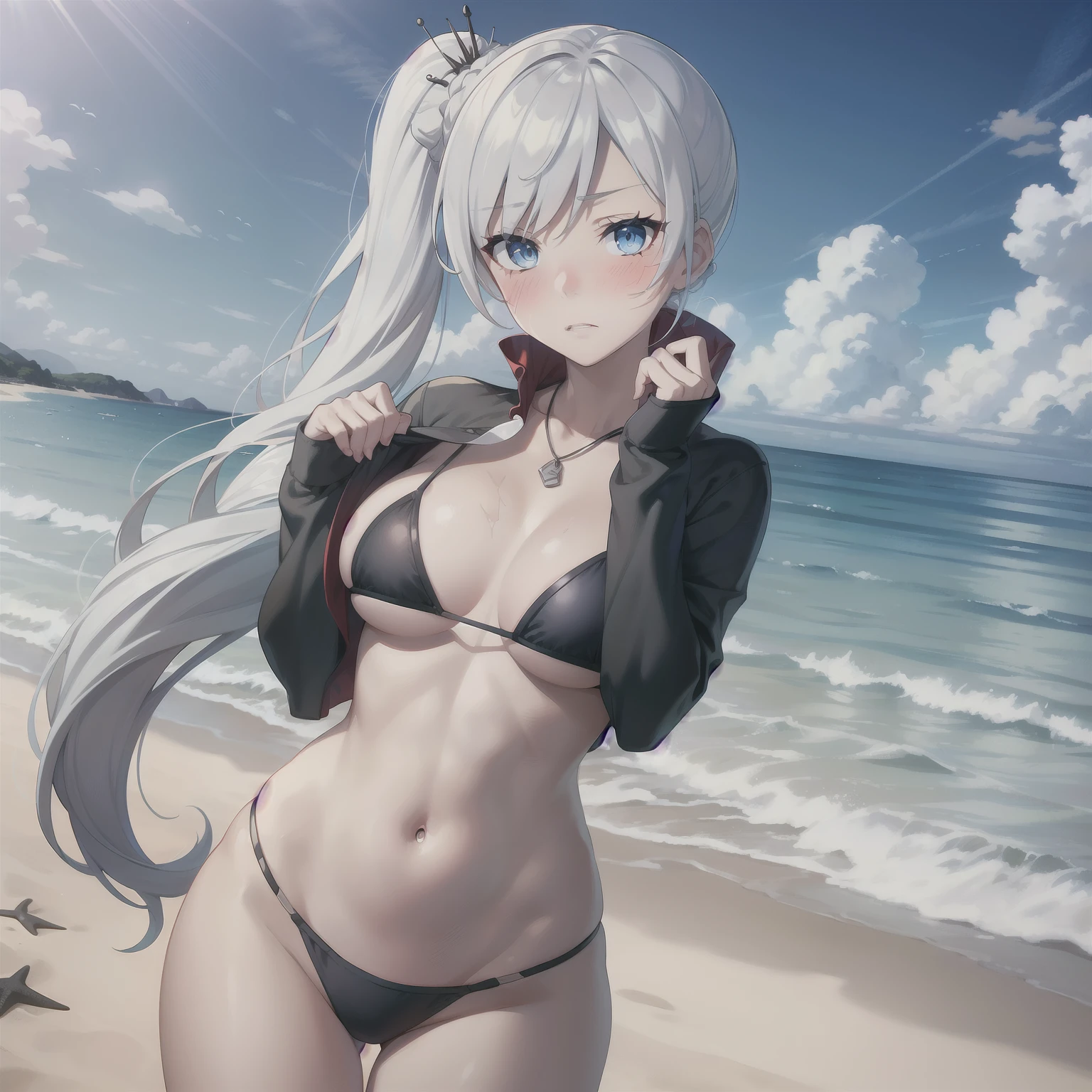 masterpiece, best quality, highres, white hair, blue eyes, cowboy shot, standing, beach, Black micro bikini, embarrassed, blush, sexy pose, Scar on left eye, long hair, side ponytail,
