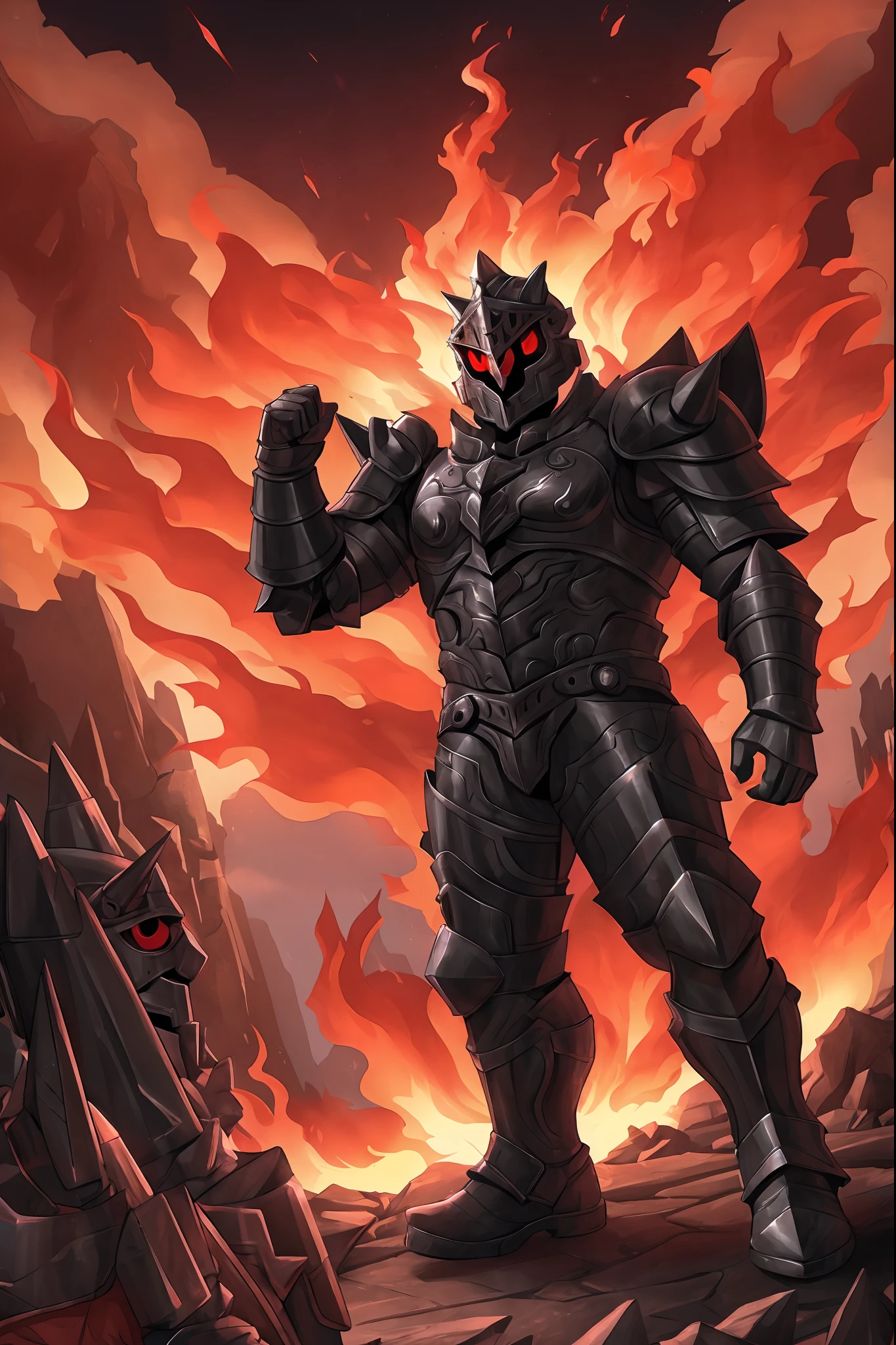 (best quality,ultra-detailed),surt,metal face(1.1),red eyes(1.1),armor(1.1),muscular male,tall,barbarian,pants pullover,full armor,full sentai armor,full body,boots,illustration,surrealism,dynamic composition,fiery atmosphere,intense lighting