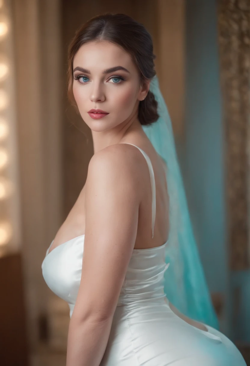 An Extremely Extravagant Goddess, Dressed in a bodycon white silk dress ,Huge and thick and curvy body with colossal ass and breaats, Beautiful turquoise eyes with perfect eyeshadow, dans une chambre haut de gamme