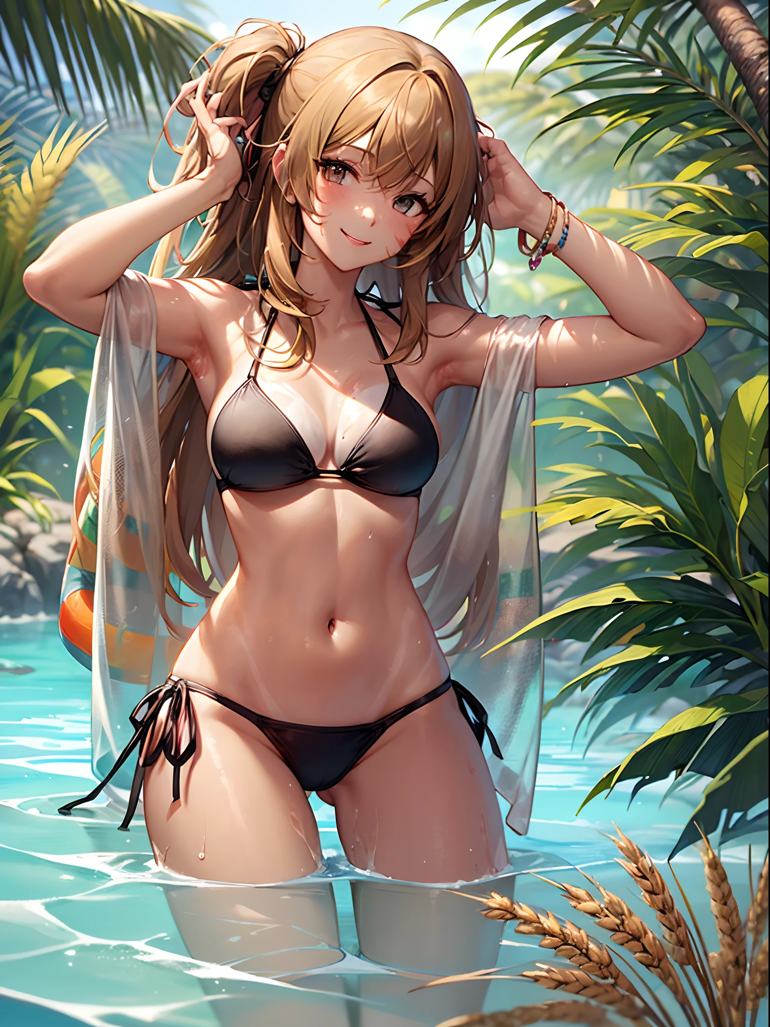 ((Finest quality)),(超A high resolution),(ultra-detailliert),(Meticulous portrayal),((Best CG)),(Finest works of art),Ultra-Precision Art,The art of astounding depiction, Tropical Sun:1.5,Tropical beaches:1.5, (1人の女性:1.5),(Tube Top Bikini:1.8),(Wheat-toned skin:1.5),(Sunburn scars:1.5),a smile,