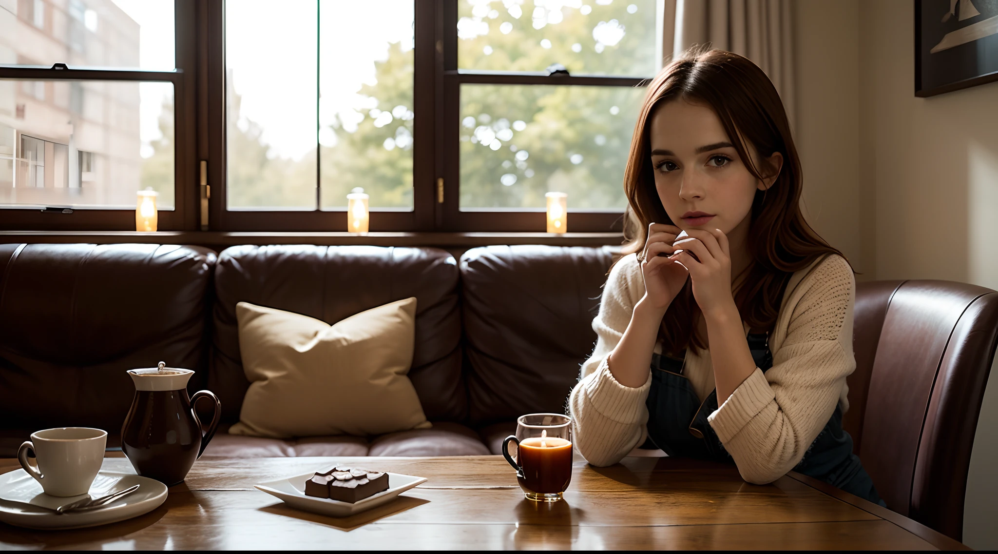 Delicate shot of the well-known actress Emma Watson engrossed in a matter of delectable indulgence::10. Emma, clothed in a comfortable, yet stylish casual attire, is seated in a warmly lit room, holding an artisanal piece of chocolate to her lips with an expression of sweet anticipation::8. The environment is a sumptuously adorned room with soft upholstery, subtle light fixtures casting a cozy glow and an overall ambiance of chic sophistication::7. The scene radiates a warm, relaxed, and subtly luxurious mood::7. The composition should be realized through a Hasselblad H6D-100c, using a wide aperture of f/2 for a soft depth of field, coupled with soft lighting for gentle shadows and an intimate feel::7. Emphasis on the elements of understated luxury and cozy comfort to create a homely, inviting atmosphere.