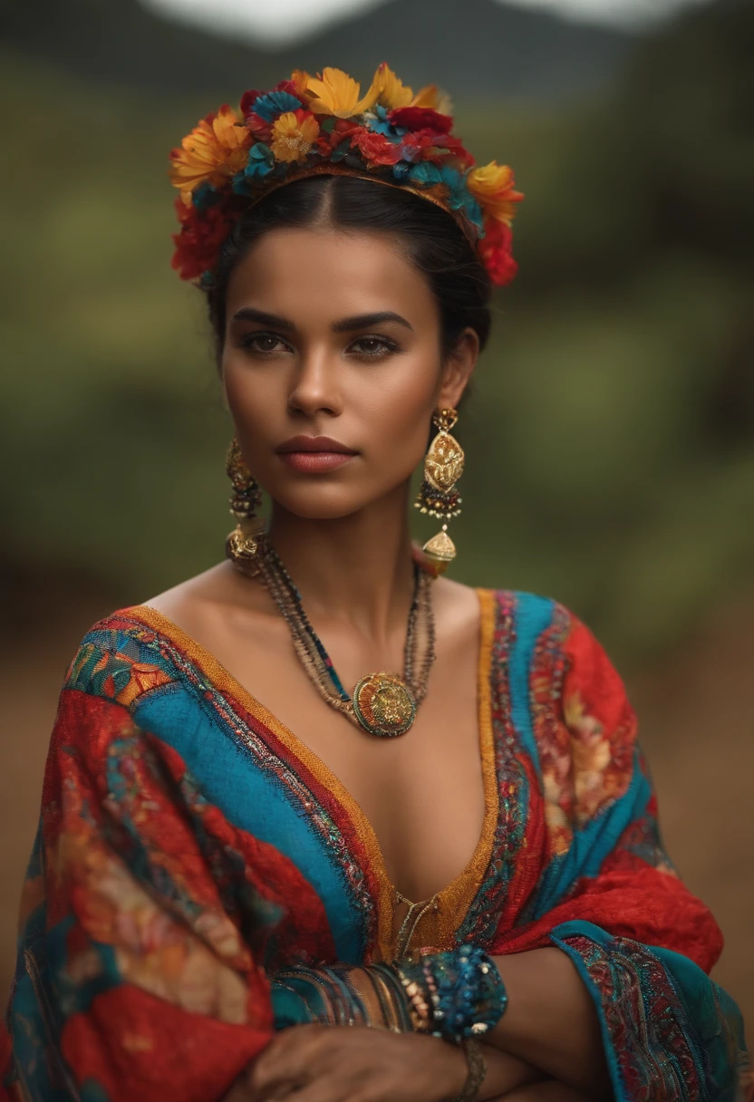 Make a female model with clothes in the canganço style of the Brazilian northeast