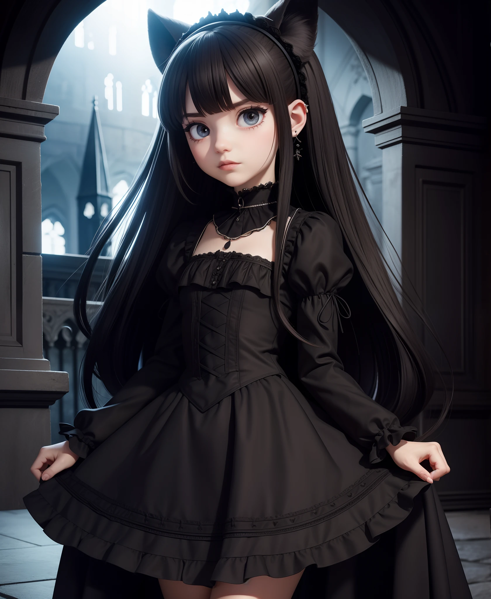 Gothic ta, long hair, Dress with skirt, 8k, Dark atmosphere, Gothic castle study, with brake ears, masle ve vlasech