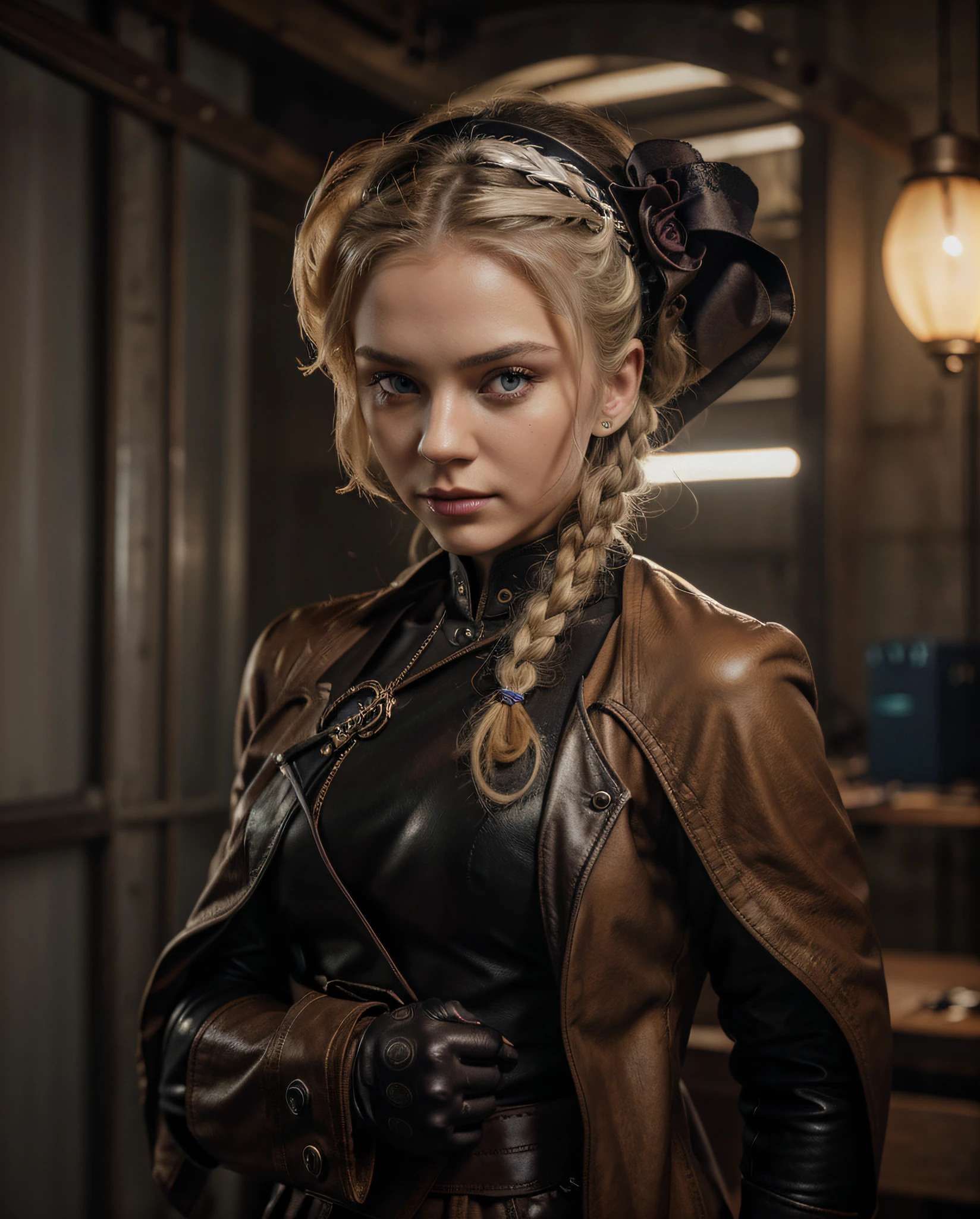 Beautiful woman with Russian features, white skin, pale blonde hair, purple eyes, she has a tattoo on her forehead, she has a metal headband on her head, tubes come out of the headband up to her neck, she wears a brown Soviet style uniform, fabric, black leather gloves, she is inside a dieselpunk style laboratory, ultra realistic, Ultra detailed, Hyper realistic, 4k, Ultra detailed image, realistic, Highly detailed, perfect composition, beautiful intricately detailed incredibly detailed, 8K fine art photography, hyper detailed, Masterpiece