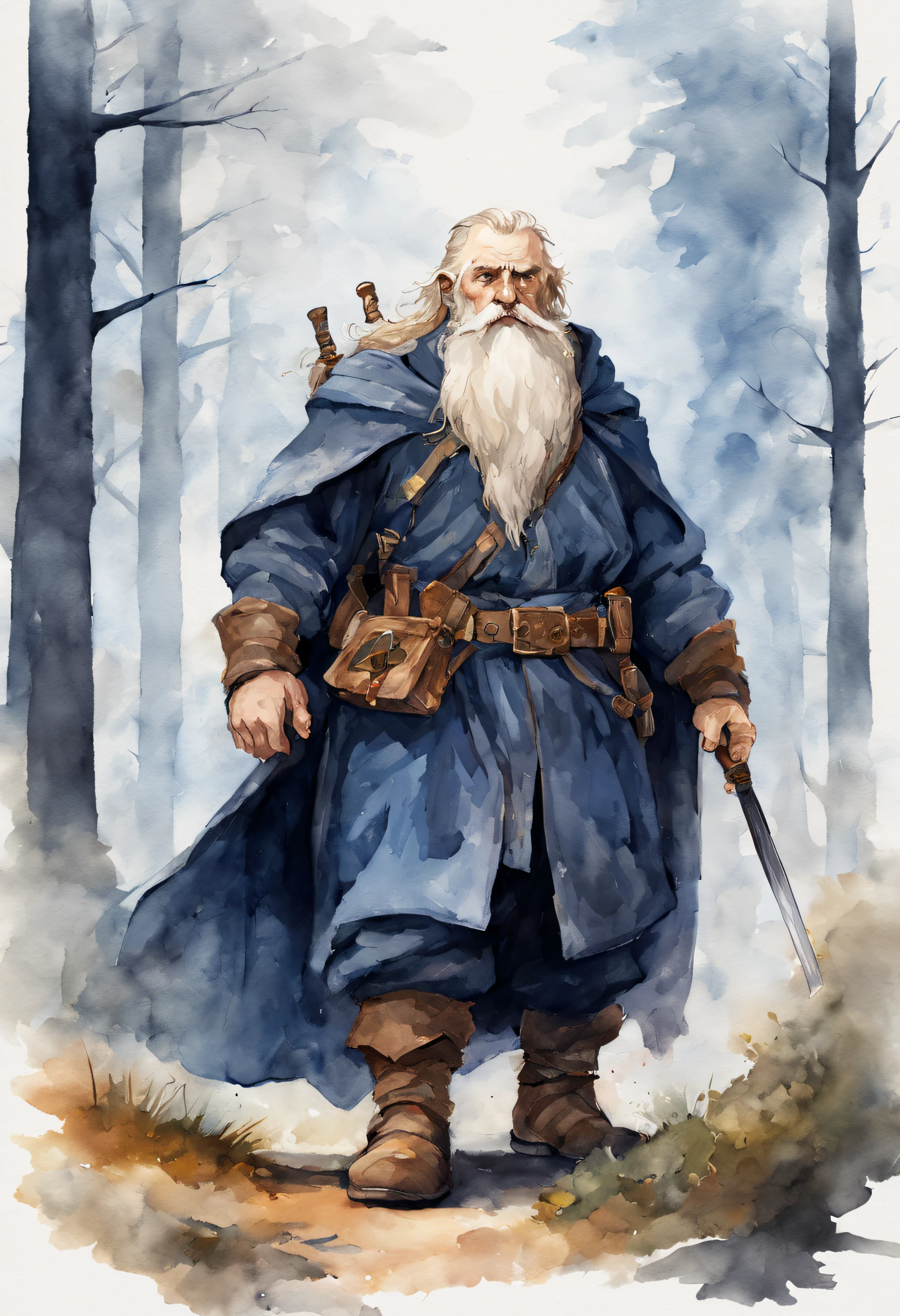 old dwarf rpg character, dark blue travelling clothes, wearing a sword, gray cloak, smoking a pipe, full stocky body muscular, blonde hair, line art watercolor wash, woodland background, abstract beauty, approaching perfection, pure form, golden ratio, minimalistic, unfinished, concept art, intricate details, 8k post production, high resolution, hyperdetailed, sharp focus, studio photo, intricate details, highly detailed