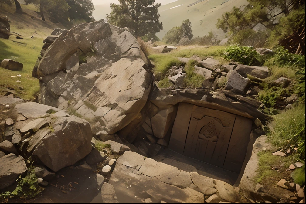 (burial mound,ancient carved rock,realistic)