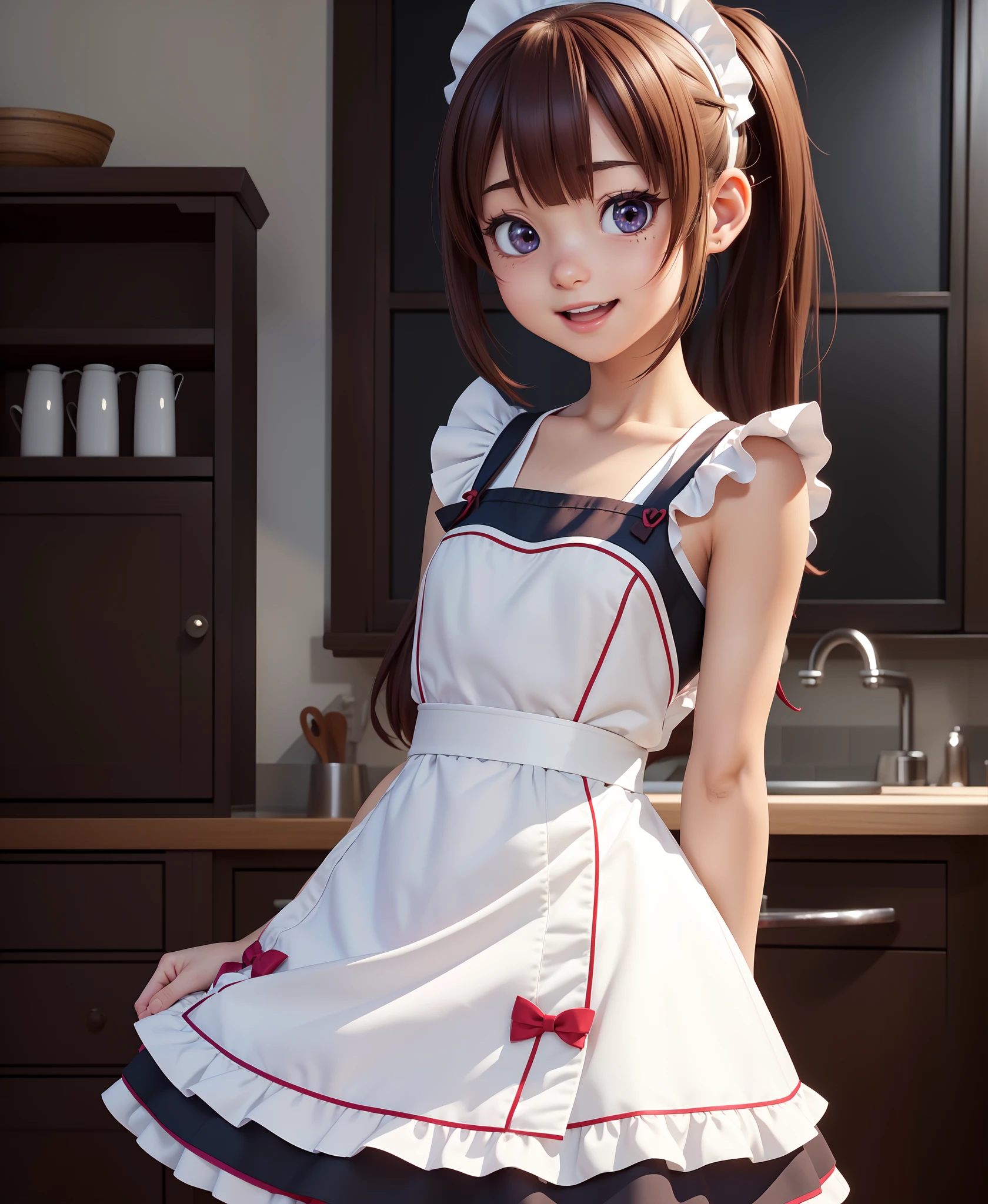 NP_Azuki, 1girl, solo, happy, maid, apron, :D, petite, ((arms behind back)),, (masterpiece:1.2), best quality, high resolution, unity 8k wallpaper, (illustration:0.8), extremely detailed face, perfect lighting, extremely detailed CG, (perfect hands, perfect anatomy), (masterpiece, best_quality, ultra-detailed, immaculate:1.3), epic, illustration, render,