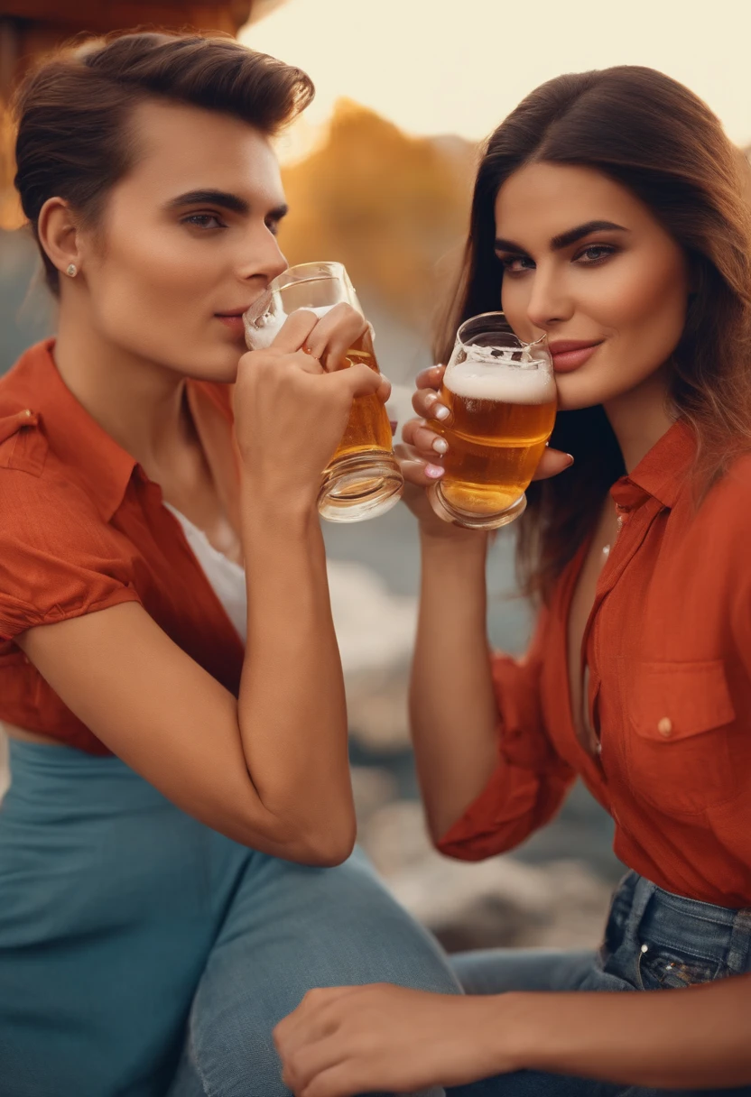 Make two young models drinking beer