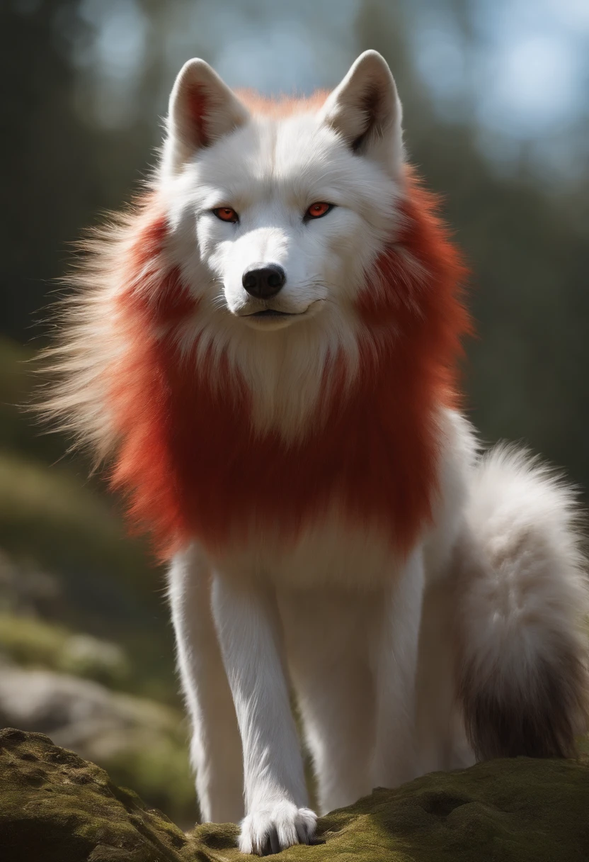 Furry, anthro Wolf, menschliche statur (mehrfarbiges Fell, White-Red:1.3), (Fuchsgesicht, rotes Fell, white belly, orangene streifen, 大眼睛, White eyelids, gelbe Pupille, schlank:1.2),schlank, Klingeln)), (Korrekte Anatomie), A big cock, feet, longer fuselage, well-proportioned limbs,(realistisches Fell, Detaillierte Fellstruktur, beschriftet:1.3)), (natural lightting), fotorealistisch, hyperrealistisch, Ultradetailliert, Endloser Wald, fluss im hintergrund
