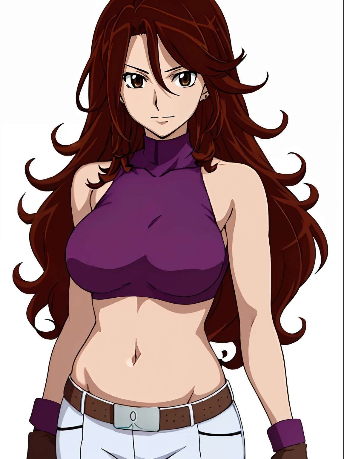 ((solo)), Best Quality, hires, curvy midsection, strong woman, female wrestler, smile, happy), upper body only, anime style: 1.8, anime drawing, ultra detailed face, ultra detailed body, 4k, Sumergai Lee Noriega, (standing), best quality, anime style, hires, highest definition, digital blending, bold drawing lines, (((White Background))), ( pro female wrestler, long attractive belly, slim body, (strong arm muscles), broad shoulders , off-shoulders, closed fists, (very curvy: 2.8)), (strapless, shorts, white gloves, arm band, arm band, (champion belt))), (pale skin, big breasts, closed mouth), (big eyes, brown eyes, shiny eyes), (reddish hair, loose hair, curly hair, wavy hair, long hair, missy hair), 27 years old