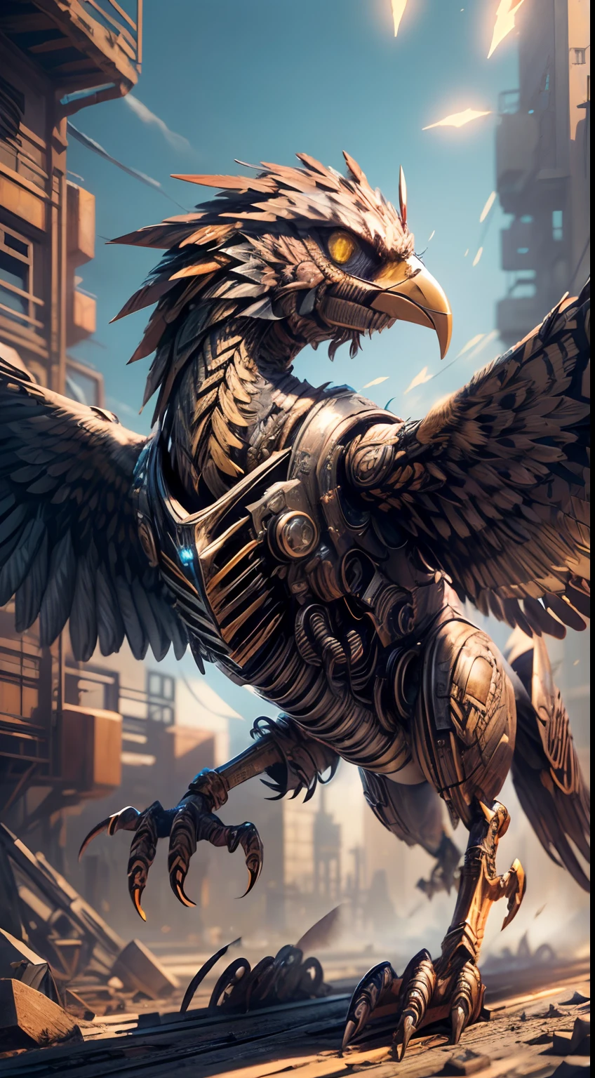 (Best quality,4K,8K,A high resolution,Masterpiece:1.2),Ultra-detailed,(Realistic,Photorealistic,photo-realistic:1.37),Mechanical birds in battle mode,Cyberpunk Style,glowing neon lights,Metal feathers,Explosions and fragments,Intense and intense action,Dynamic flight attitude,Industrial wasteland background,dystopian atmosphere,Dramatic perspective,high-tech weaponry,Sharp and dangerous beak,Hardened steel jaws,Broken architectural remains,Fiery trails,electric sparks,Zoom motion blur,Dramatic color palette,Deep shadows and bright highlights,Immersive，spellbinding
