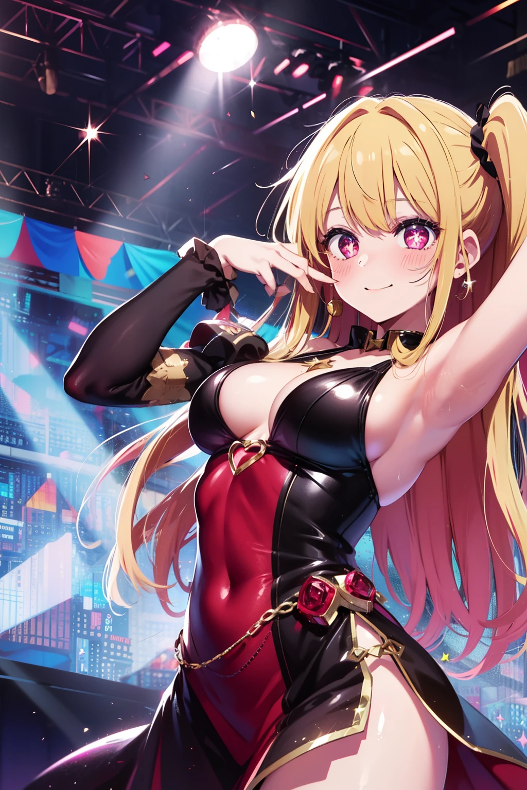 1girl, solo,  Hoshino Ruby, symbol-shaped pupils, (left star-shaped pupils:1.2), sparkling eyes, (star in left eye:1.2), symbol in eye, red eyes, long hair, blonde hair, bangs, blush, (side ponytail:1.1), (dress:1.2), on the stage, idol, dancing, spotlight, smile, (masterpiece:1.2), highres, best quality, 8k, very clear,