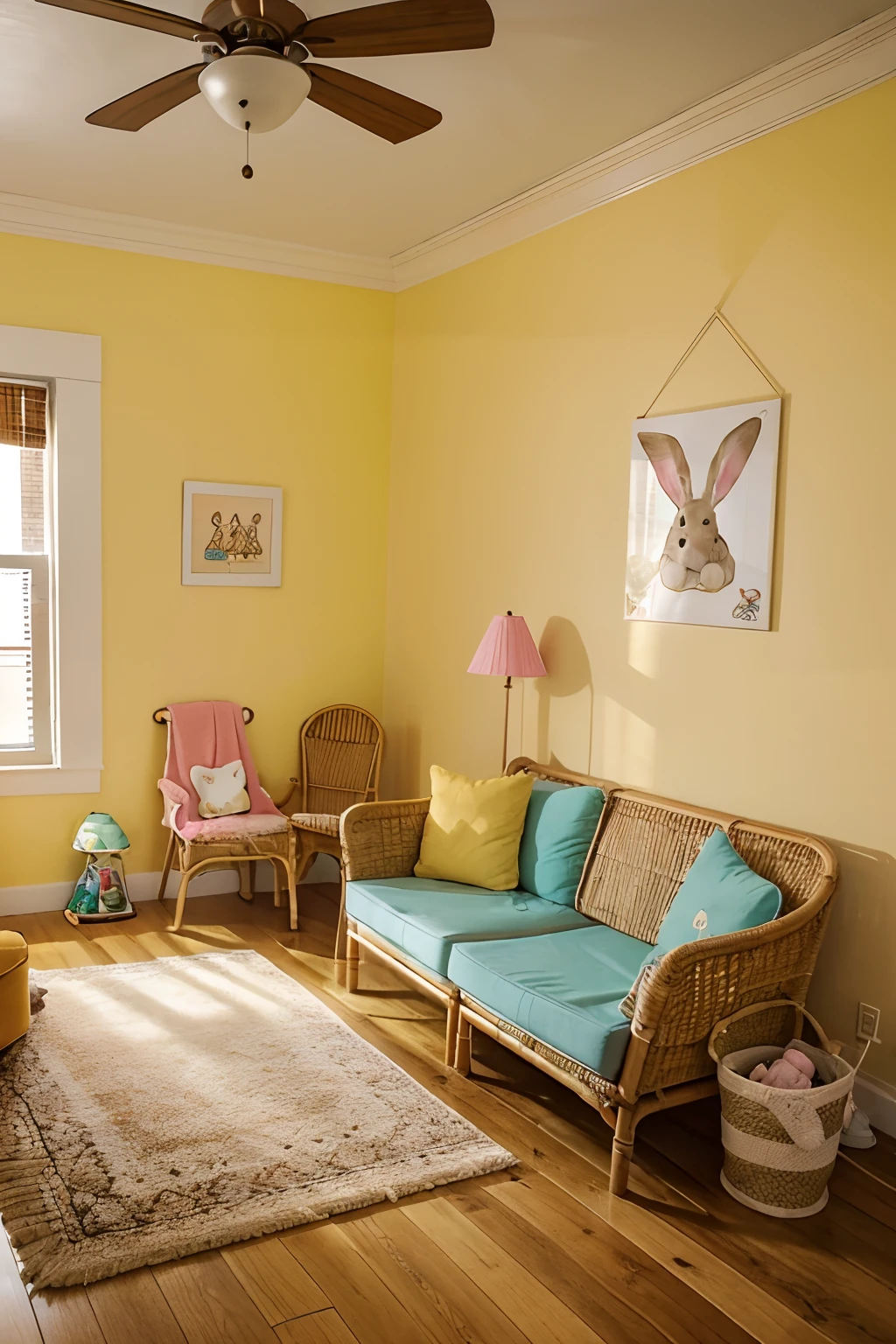 a children’s room with a yellow wall and wooden floor. The room is decorated with a teepee, a bunny poster, and bunny stuffed animals. The bunny poster is hanging on the wall above a  side table. The bunny stuffed animals are sitting on two rattan chairs. There is a lamp on the right side of the room. The floor is covered with a rug.